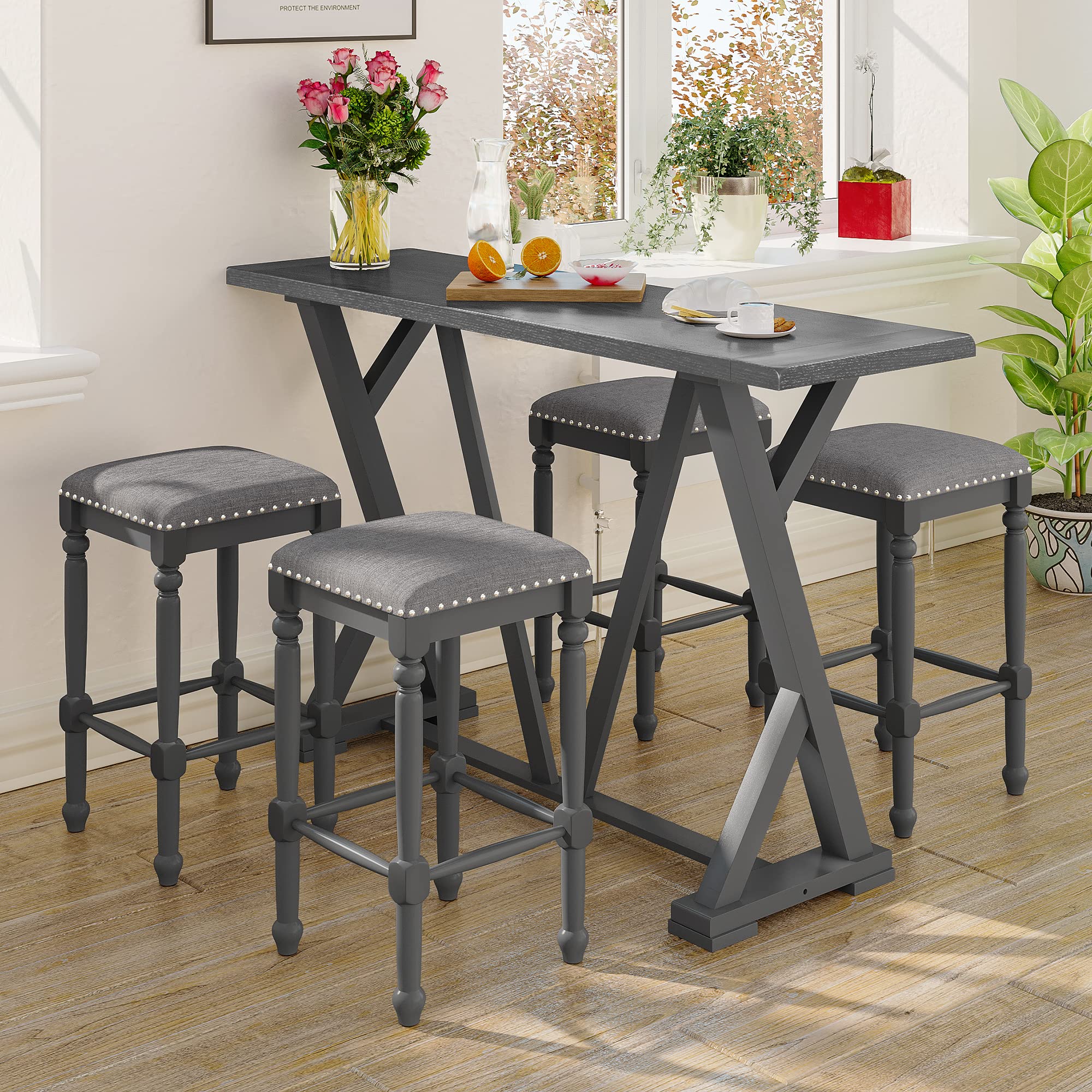 Polibi 5-Piece Mid-Century Modern Counter Height Dining Set - Wood Kitchen Table with 4 Upholstered Stools & Trestle Base - Space Saving Grey Dining Furniture for Small Spaces, Apartments, Breakfast Nooks & Kitchen Islands