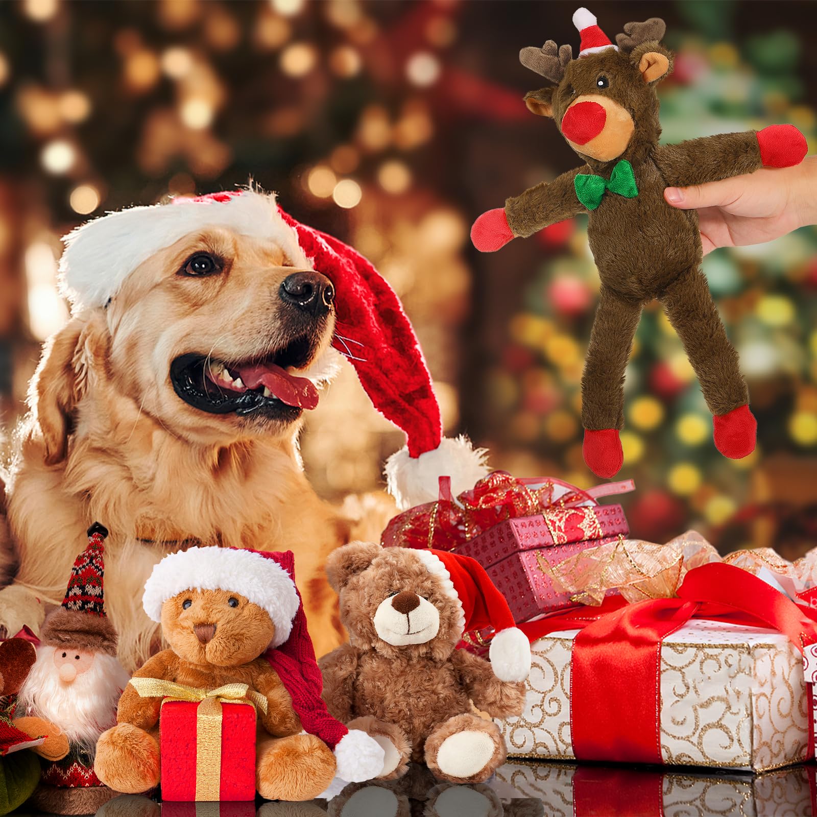 Christmas Squeaky Dog Toys - Xmas Reindeer Plush Chew Toy with Squeakers for Small & Medium Dogs | Puppy Teething Toy with Chew Guard | Holiday Pet Gift for Indoor Play & Training (Dark Brown)