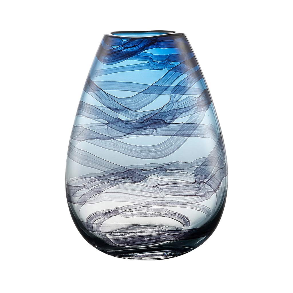 Modern Blue Ink-Patterned Glass Vase - Oblate Shape Decorative Vase for Dried Flowers, Hydroponics & Floral Arrangements - Desktop Home Decor Accessories (Size: Medium) - Perfect for Living Room, Office & Wedding Centerpieces