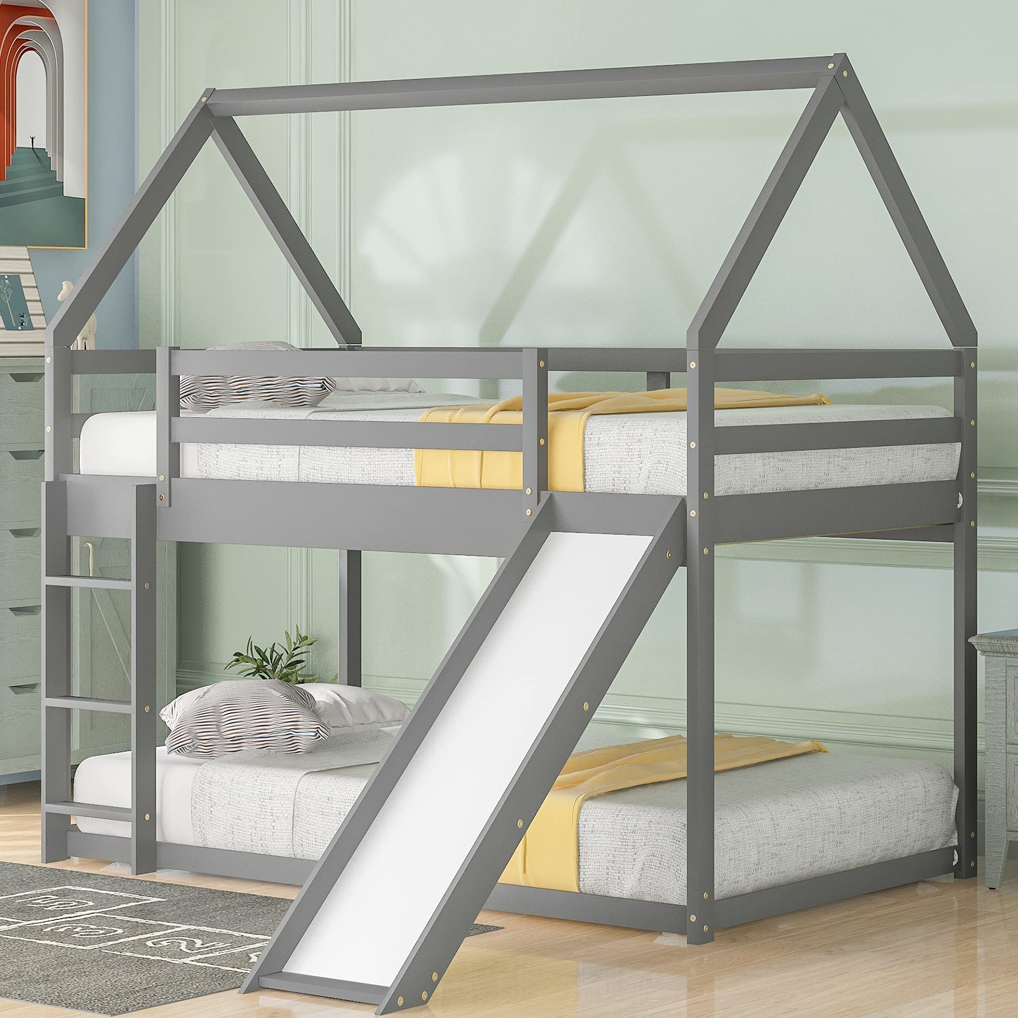 P PURLOVE Twin Over Twin Wooden Bunk Bed with Slide & Ladder - Low Profile Kids Bunk Bed for Children & Teens - Perfect for Small Bedrooms, Playrooms & Sleepovers