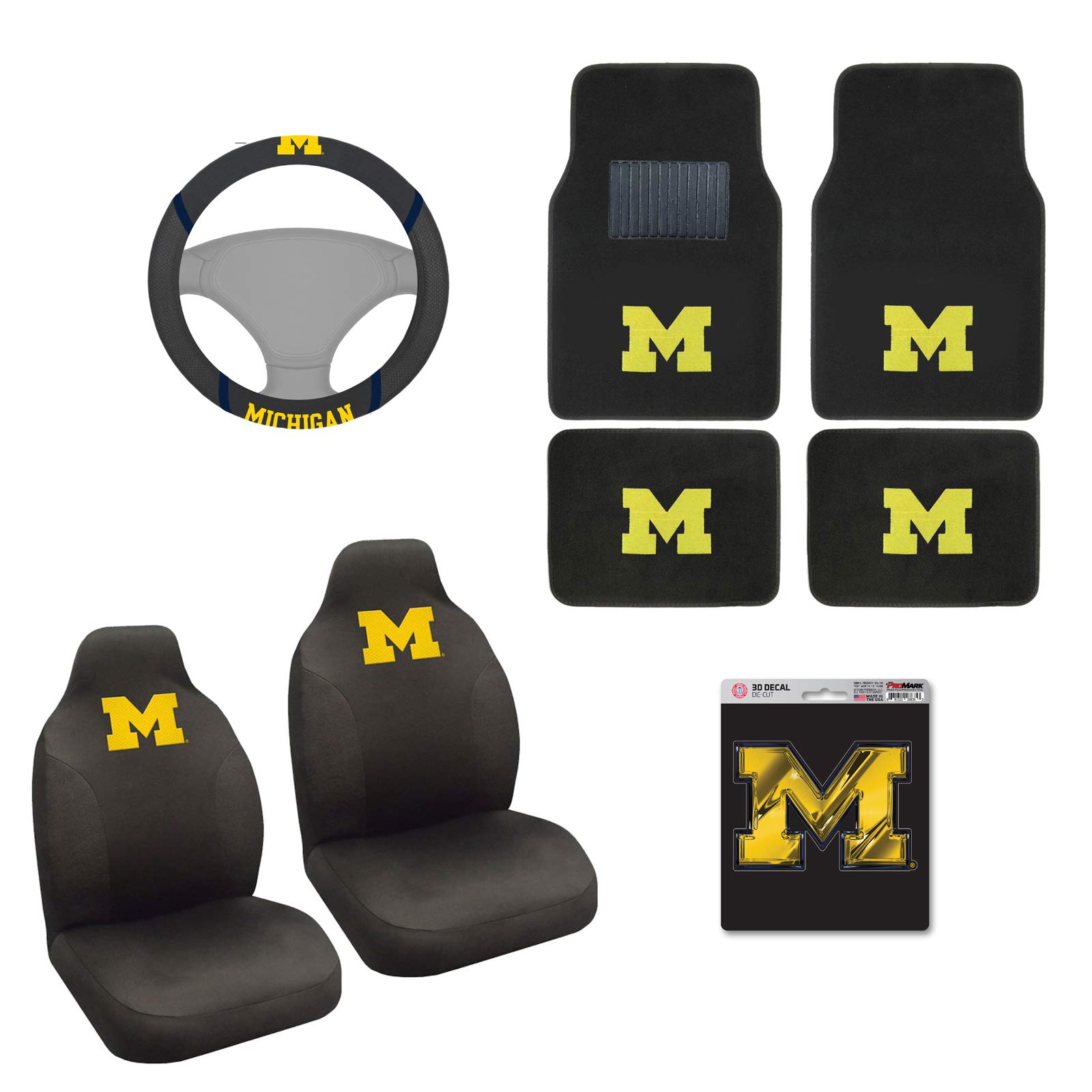 Officially Licensed Michigan Wolverines Car Floor Mats & Seat Covers Set - 3D Decal Sticker & Steering Wheel Cover Bundle (8-Piece) for NCAA Fans - Perfect for Game Day Decor & Tailgating