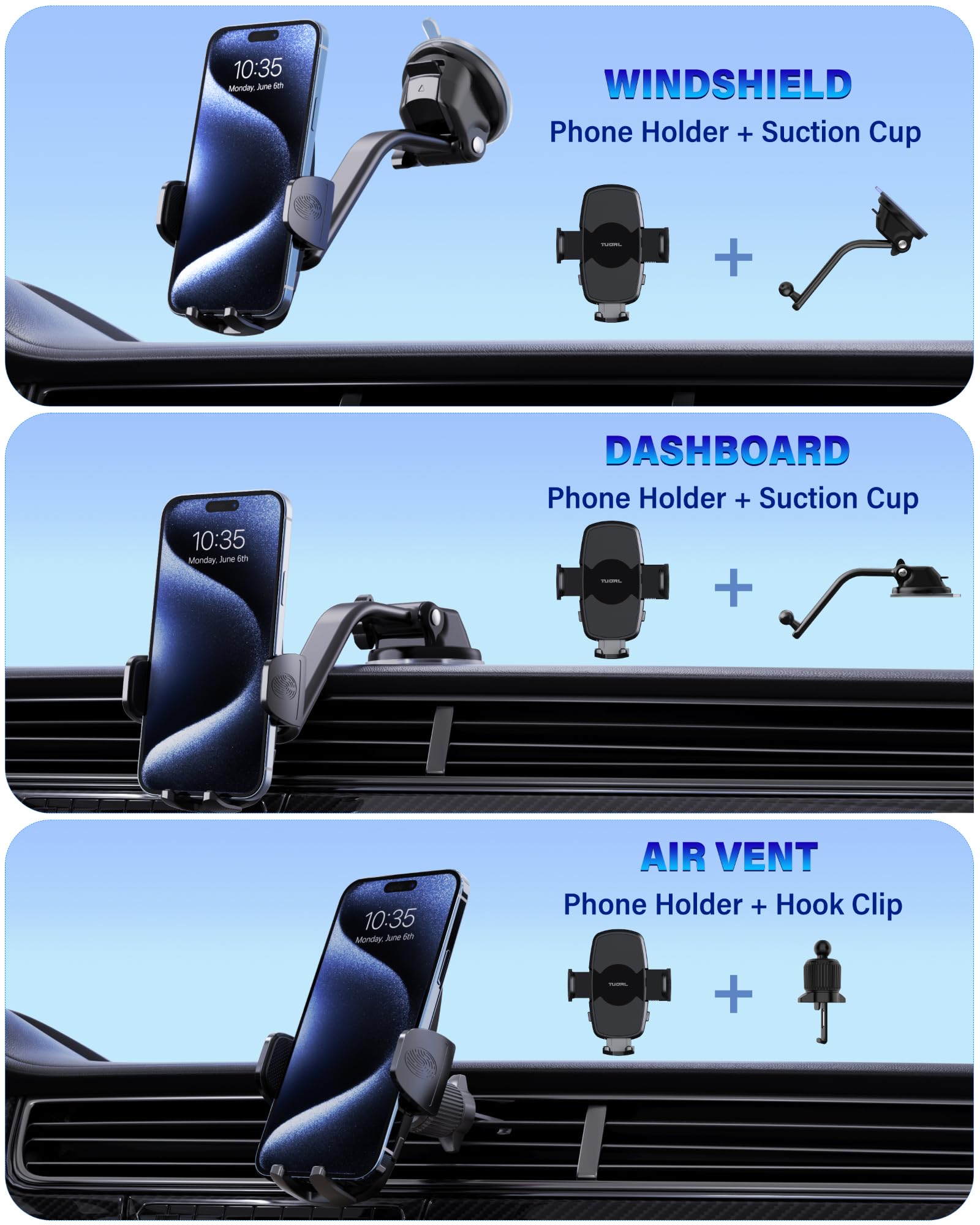 Universal Car Phone Mount Holder - 3 in 1 Air Vent/Dashboard/Windshield Mount for iPhone 15 14 Pro Max & Samsung Galaxy - Big Phone Friendly Hands-Free Driving Accessory for Safe Navigation & Commuting
