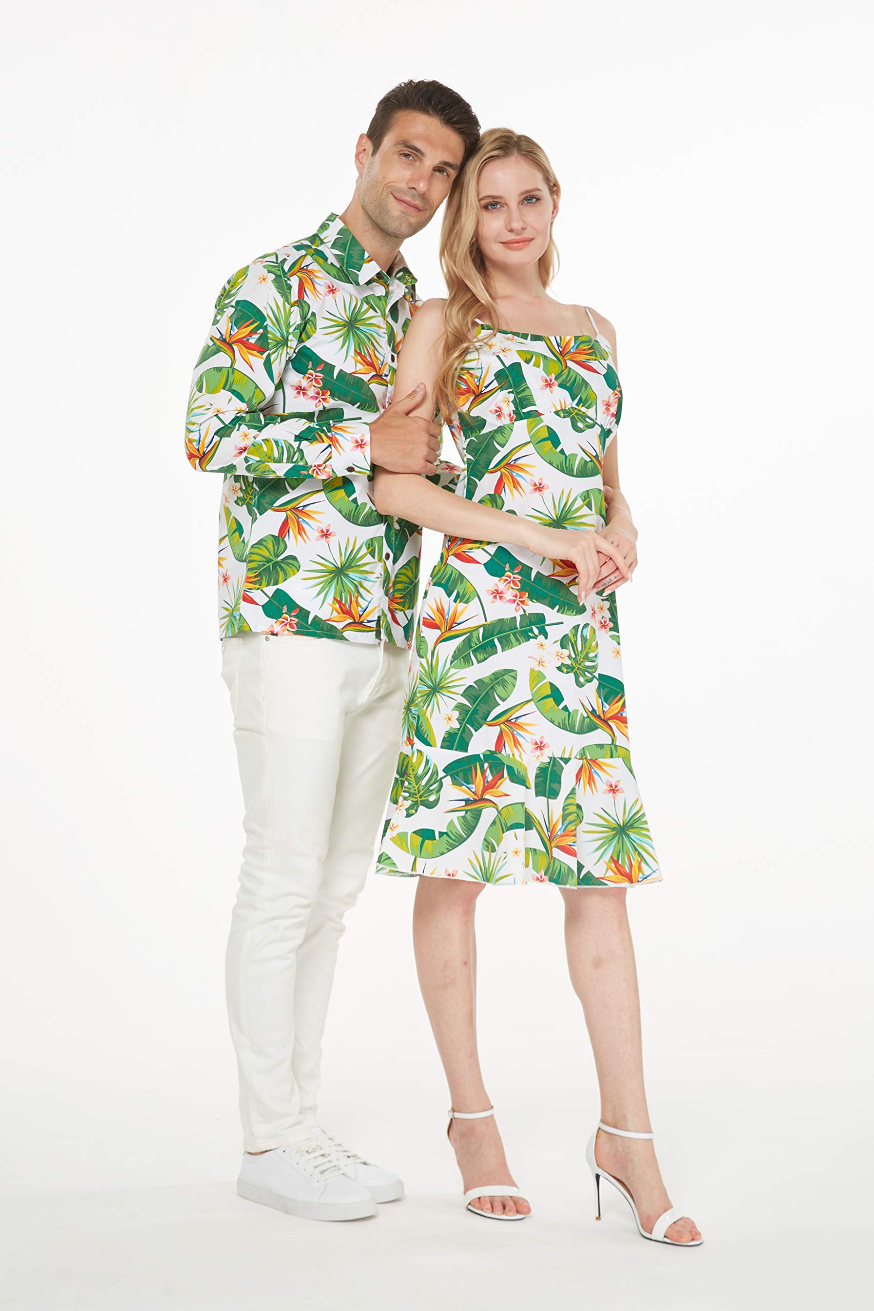 Matching Couple Hawaiian Luau Cruise Outfit - Tropical Shirt & Mermaid Dress Set in Classic White | Perfect for Beach Vacations, Cruise Parties & Summer Getaways