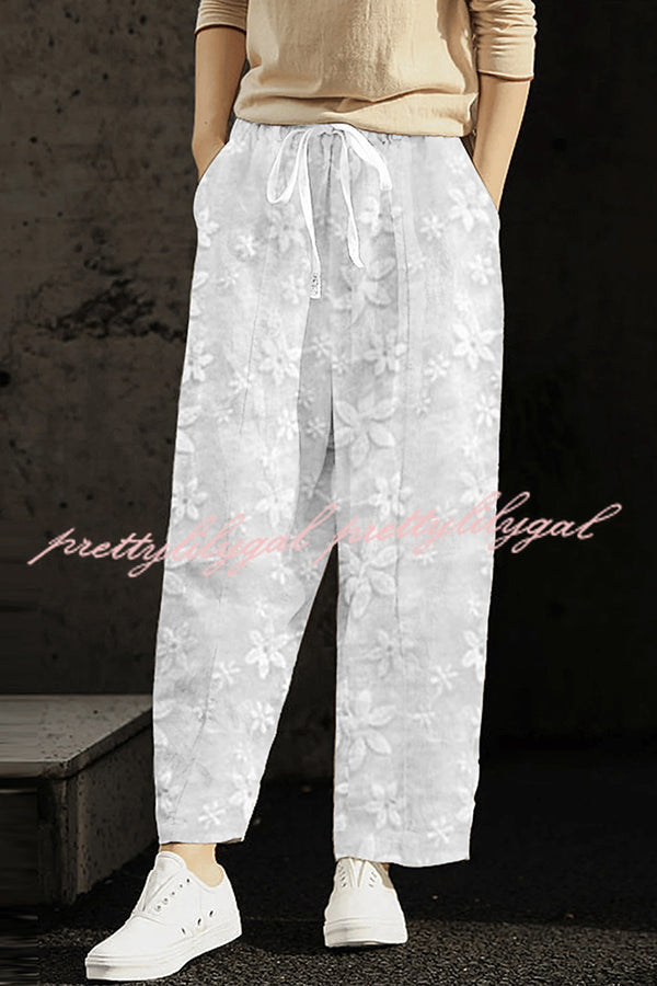 Stylish Cotton Linen Patchwork Floral Elastic Waist Pants with Pockets - Comfortable Casual Wear for Women, Perfect for Summer Outings & Beach Vacations