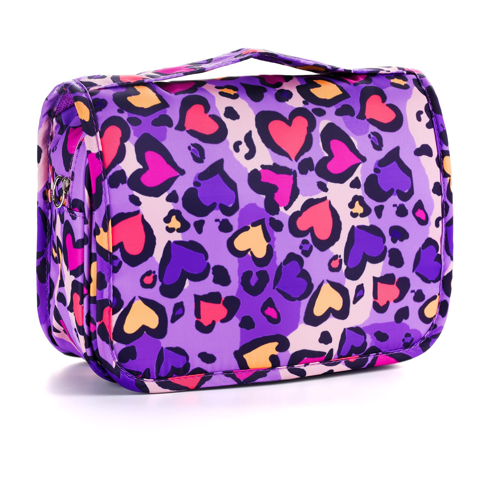 Waterproof Leopard Print Hanging Toiletry Bag for Girls - Travel Cosmetic Organizer for Kids, Toddler Wash Bag with Hook - Perfect for School Trips, Sleepovers & Family Vacations (Purple)