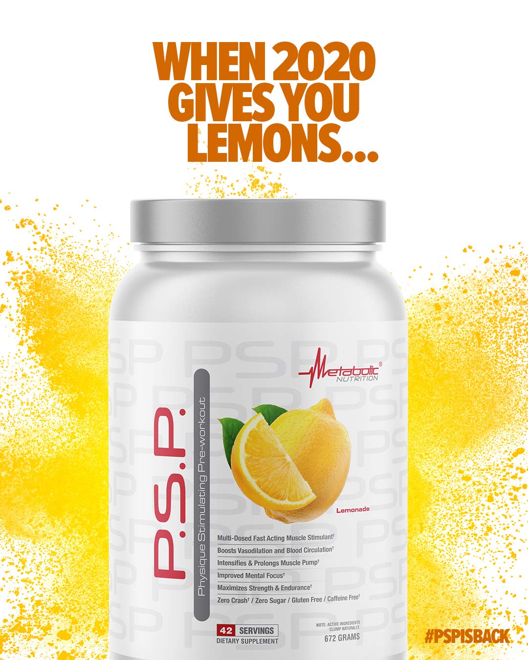 Metabolic Nutrition P.S.P. Physique Stimulating Pre-Workout Powder 672g - Zero Sugar, Caffeine Free, Lemonade Flavor | Boost Energy & Performance for Gym, Bodybuilding & Fitness Training