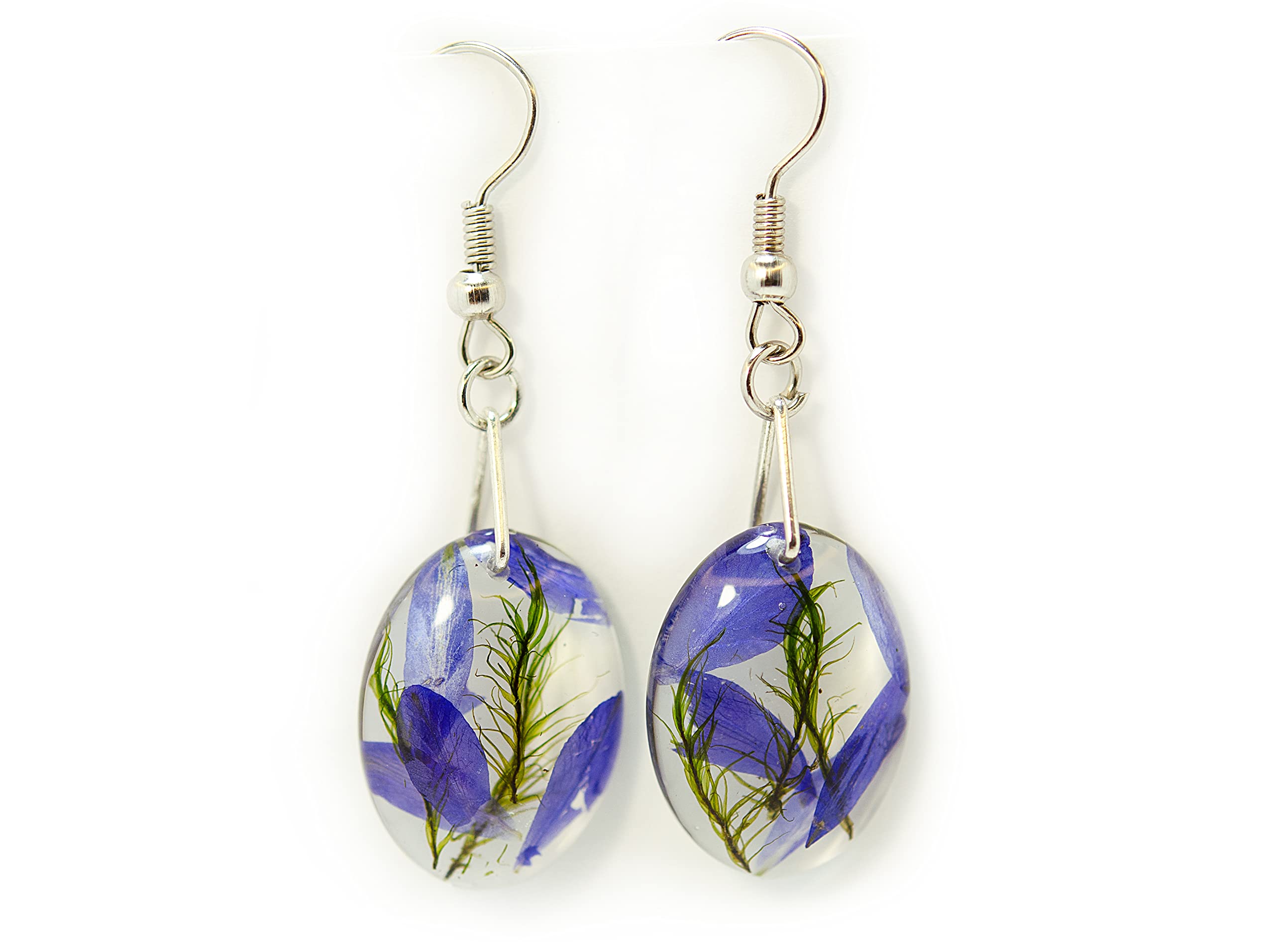 Handmade Resin Earrings with Blue Larkspur & Natural Moss - Pressed Real Flower Jewelry for Women - Boho Floral Dangle Earrings for Weddings, Parties & Everyday Wear