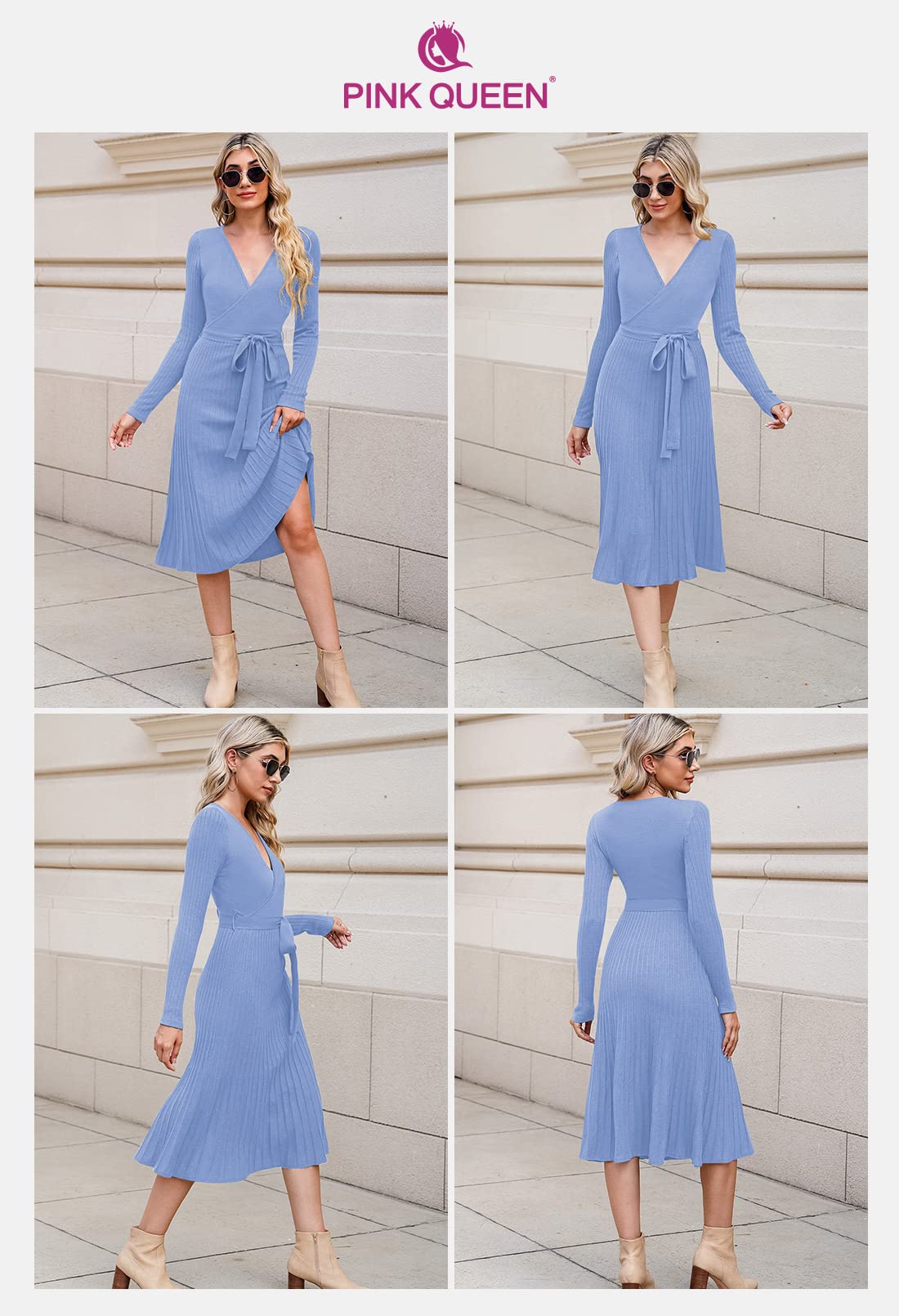 Pink Queen Women's Wrap Sweater Dress - V Neck Long Sleeve Ribbed Knit Midi Dress with Belt | Casual Office Wear, Date Night Outfit, Fall Winter Fashion