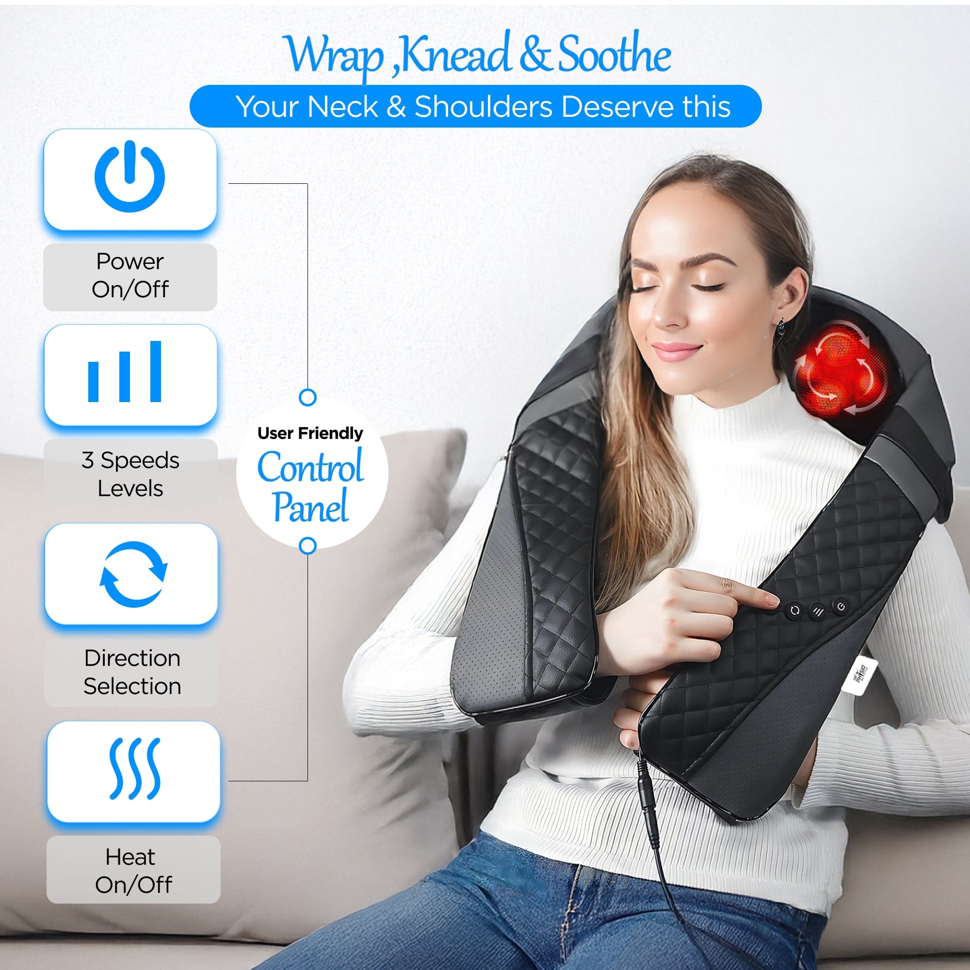 Dr Physio USA Electric Shiatsu Massager with Heat - Deep Tissue Kneading for Neck, Back & Shoulder Pain Relief - Ideal for Cervical Spondylosis & Muscle Tension - Perfect for Home, Office & Travel Use