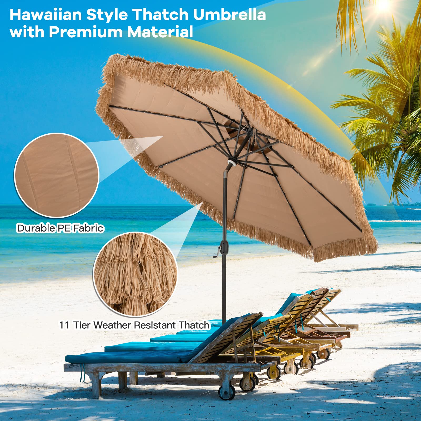 Tangkula 10ft Hawaiian-Style Thatched Patio Umbrella with 32 LED Lights & Solar Center Light - 2-Tier Tiki Umbrella, 8 Ribs, Tilt Adjustment, Manual Crank for Backyard, Poolside, Deck, Beach & Outdoor Parties