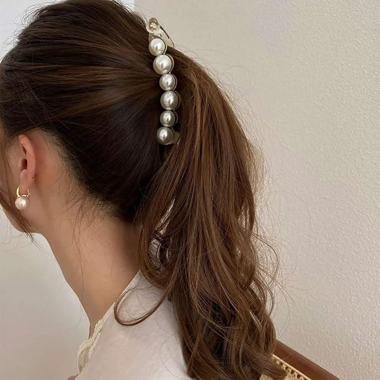 2 PCS Pearl Hair Clips - Banana Clips & Ponytail Holders for Women & Girls | Rhinestone Barrettes for Thick & Fine Hair | Elegant French Hair Accessories for Weddings, Parties & Daily Use
