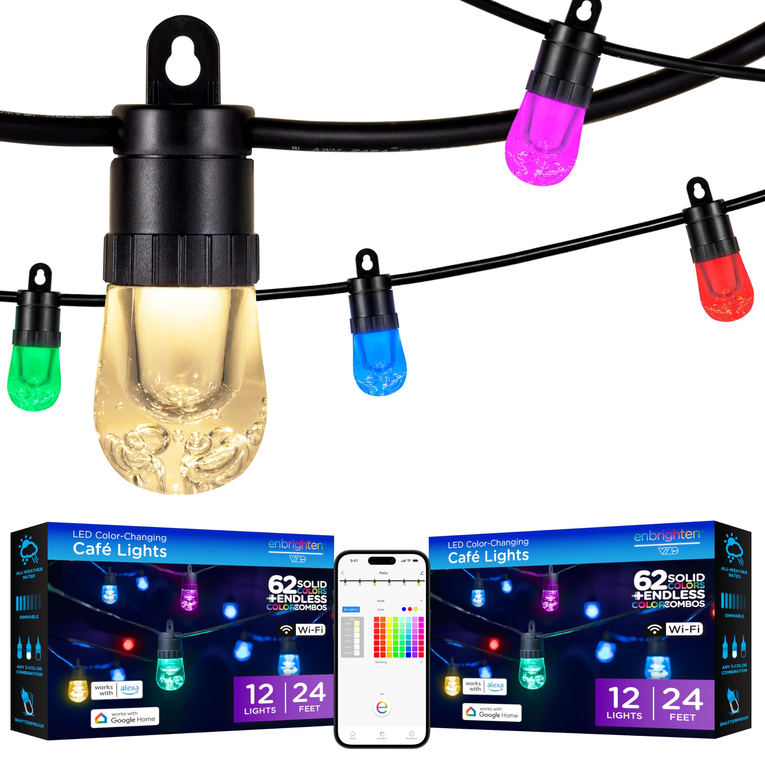 Enbrighten Vibe Smart Color Changing LED String Lights - 24ft Black Cord with 12 Shatterproof Acrylic Bulbs - Weatherproof & Dimmable Outdoor Lights - Works with Alexa & Google Home - 2 Pack (82764) - Perfect for Patio, Garden, Bedroom, and Party Decorations