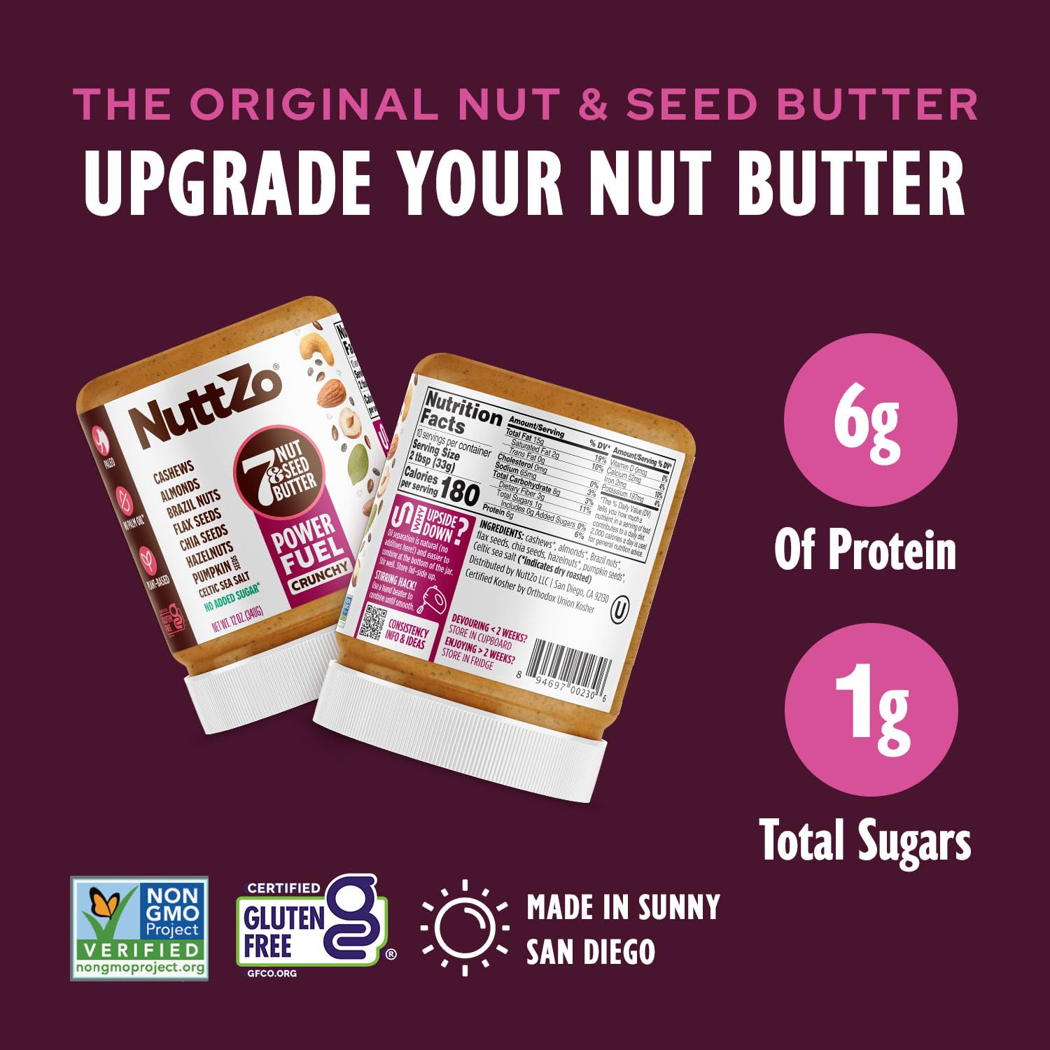 NuttZo Natural Power Fuel Crunchy 7 Nuts & Seeds Butter - Paleo, Keto, Vegan Friendly | Peanut & Gluten Free, Kosher, No Added Sugar or Oil | 12 oz Jar, 6 Pack | Perfect for Smoothies, Toast & Healthy Snacking