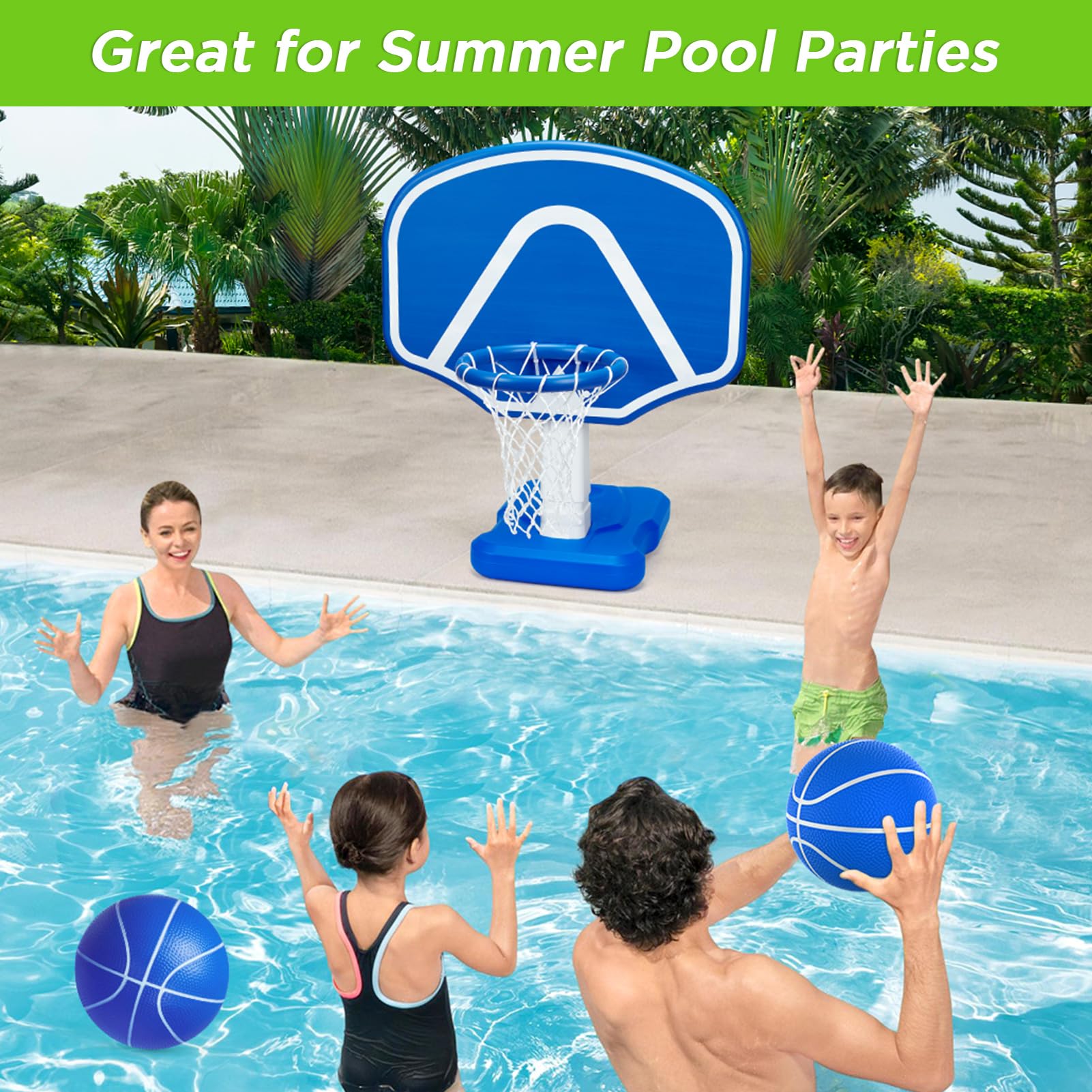 **Adjustable Height Pool Basketball Hoop Set with 2 Balls & Pump - Fun Poolside Games for Kids, Adults & Family - Perfect for Summer Backyard & Beach Parties**
