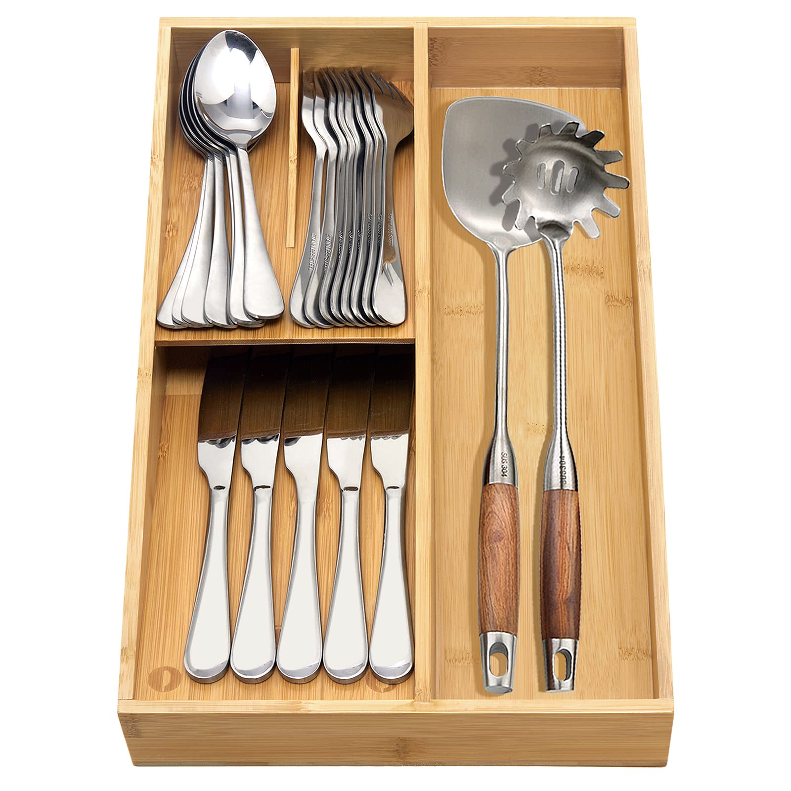 Bamboo Silverware Tray Organizer - Kitchen Drawer Utensil Holder & Cutlery Divider for Spoons, Forks, Knives - Perfect for Home Kitchen Organization and Dining Table Setting