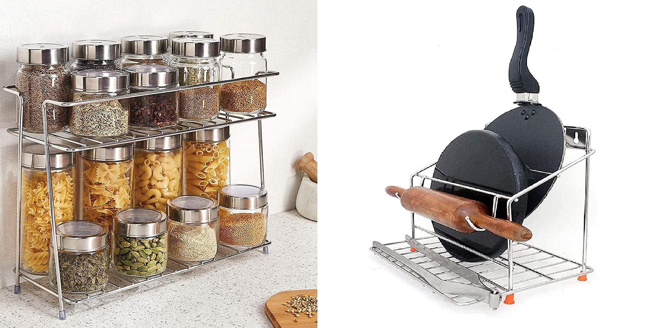 CR18 COLLECTION Stainless Steel Chakla Belan & Tawa Stand - 2-Tier Kitchen Rack Organizer | Rust-Free Steel Kitchen Trolley Basket | Perfect for Indian Cooking & Roti Making