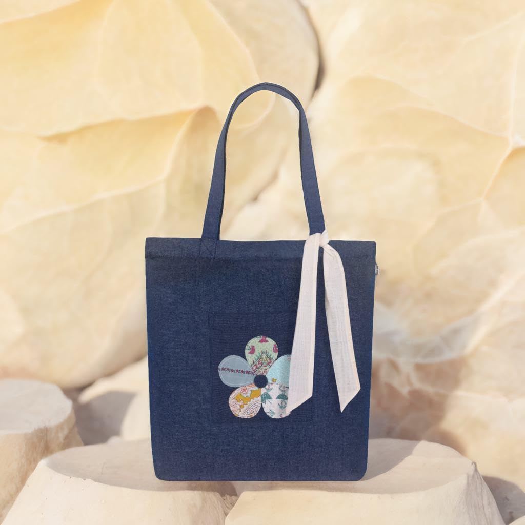 MASQ by Q-One Women's Embroidered Denim Tote Bag with Zipper Closure - 100% Organic Cotton College Bag for Girls, Stylish Travel & Everyday Purse | Perfect Gift for Women, Students & Fashion Lovers | Ideal for School, Shopping, Work & Weekend Outings