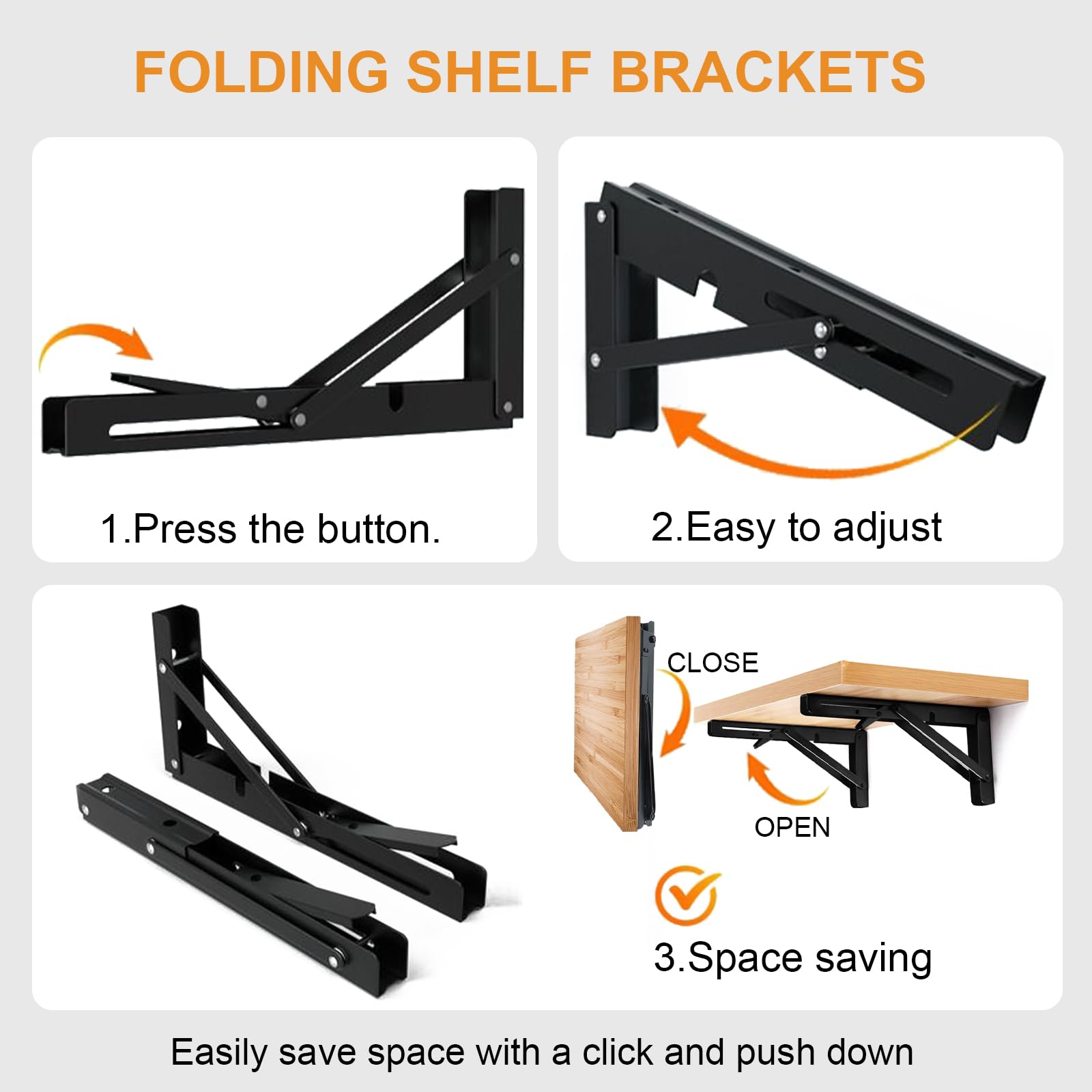 Heavy Duty Folding Shelf Brackets - 150lb Max Load for DIY & Space Saving (4PCs, Black) - Perfect for Wall Mounted Shelves & Tables