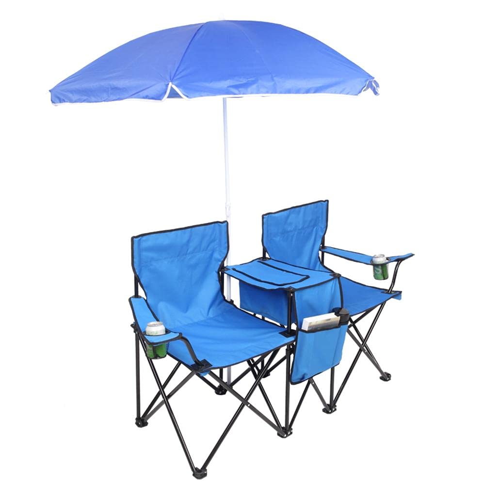 **2-Person Double Folding Picnic Chairs with Removable Umbrella, Mini Table & Beverage Holder - Portable Camping, Beach, Garden, Patio & Outdoor Chairs - Includes Carrying Bag (Blue)**    **Usage Scenarios:** Perfect for camping trips, beach outings, picnics, backyard relaxation, fishing, and outdoor events.