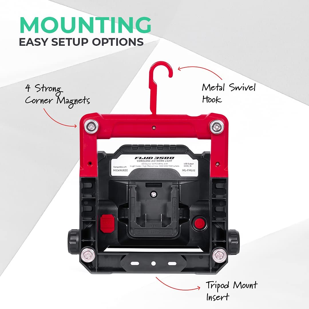 18V LED Work Flood Light Compatible with Milwaukee Battery - Bright Portable Lighting for Construction, Camping & Outdoor Projects