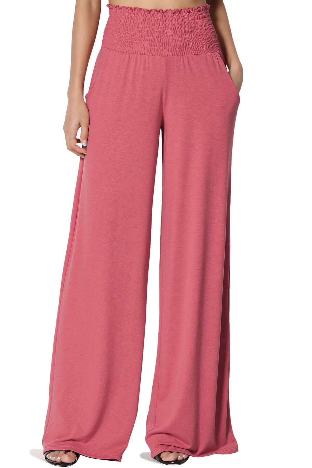 TheMogan S~3X Smocked High Rise Waistband Wide Leg Lounge Pants for Women - Comfortable Stretchy Joggers for Yoga, Home, Travel & Relaxation