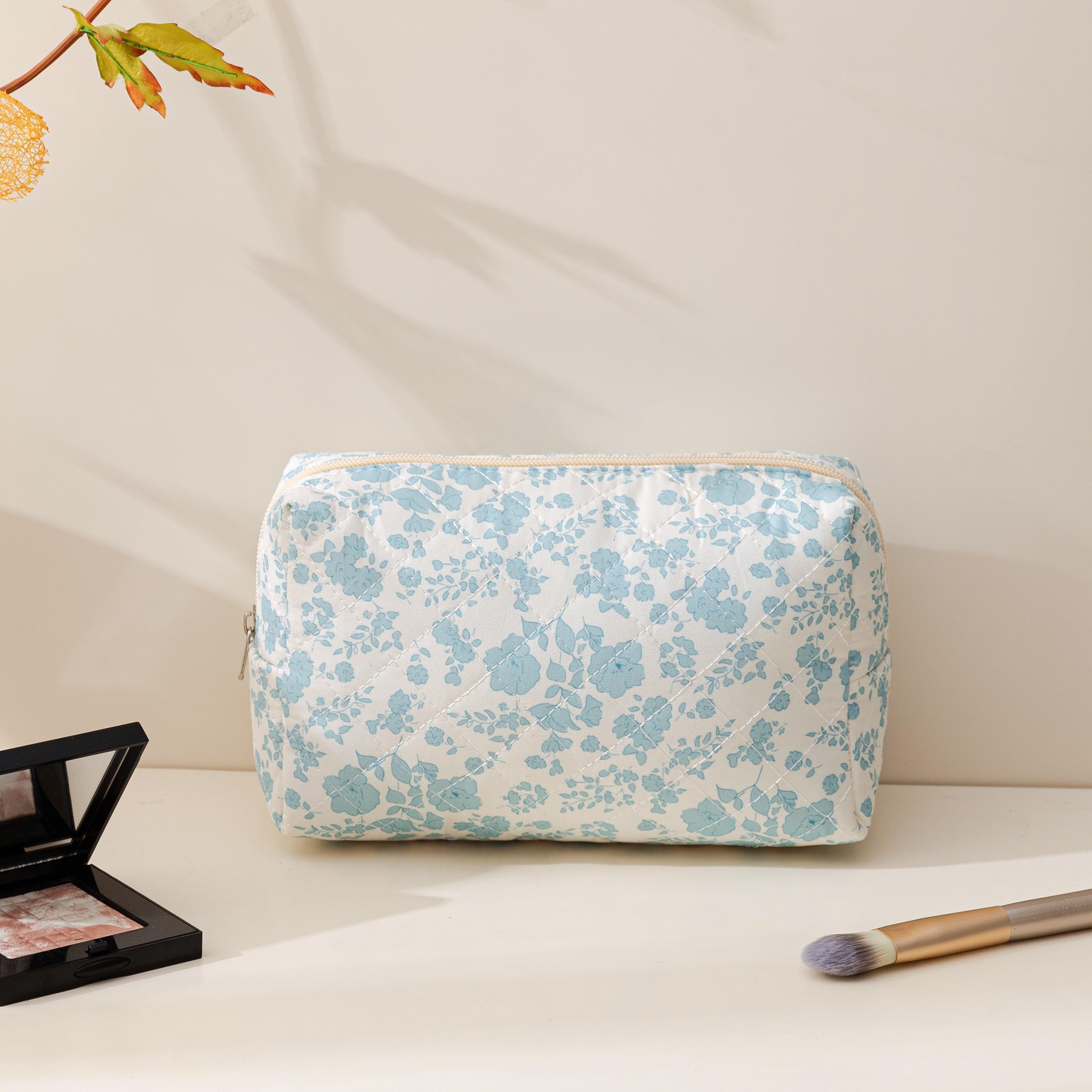 HBselect Quilted Makeup Bag for Women - Large Travel Cosmetic Organizer with Floral Design, Cotton Toiletry Bag for Girls (Blue Flower) | Perfect for Travel, Gym & Daily Essentials Storage