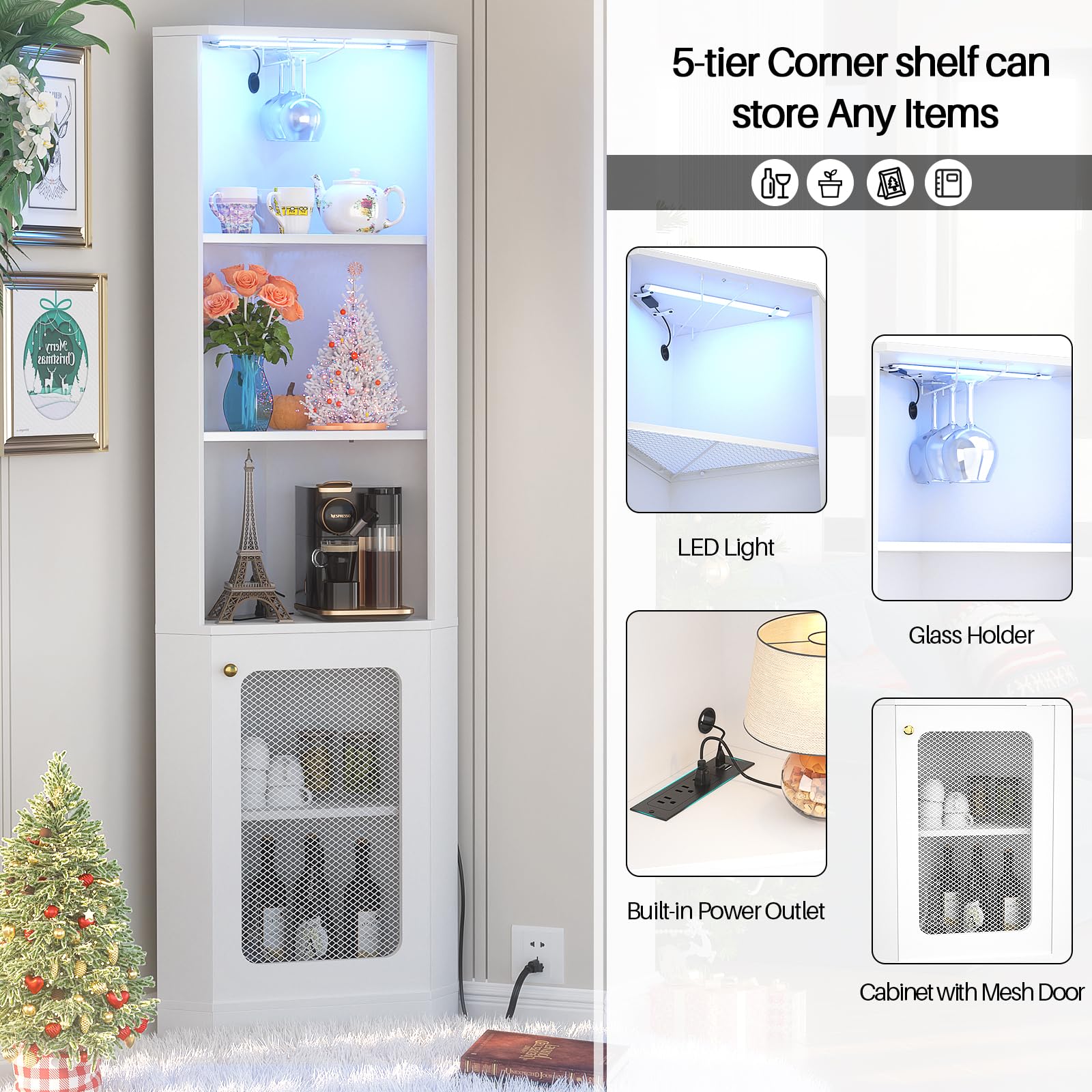 5-Tier White Corner Shelf with Power Outlet & LED Light - Glass Holder Storage Cabinet for Living Room, Kitchen, Bar - Space-Saving Display Unit for Small Spaces & Home Decor