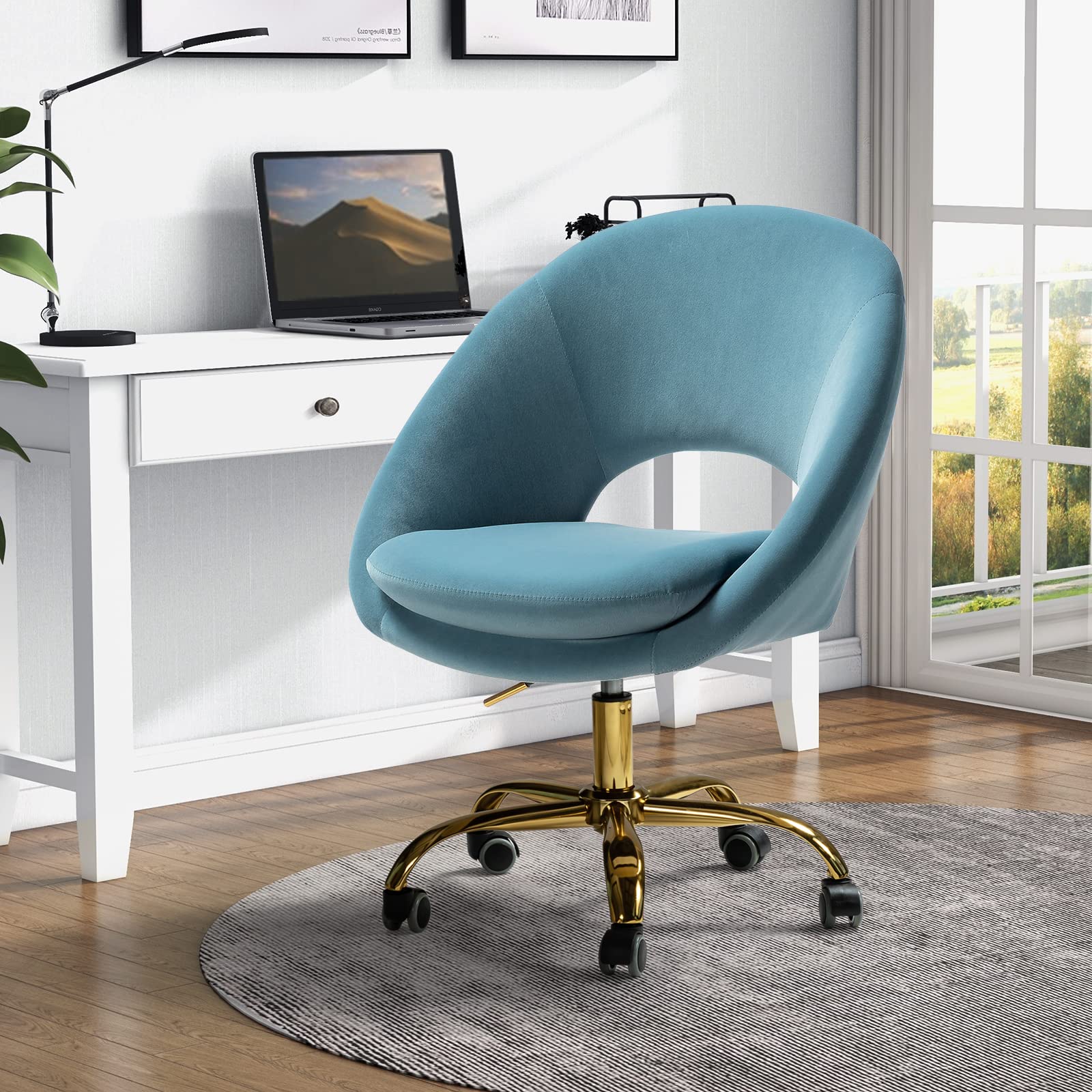 Modern Velvet Home Office Chair - Adjustable Swivel Desk Chair with Comfortable Upholstery, Small Cute Study Chair for Living Room, Bedroom & Vanity (Blue) - Perfect for Remote Work, Online Classes & Home Decor