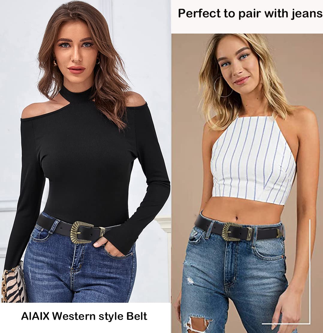 ALAIX Women's Leather Belts with Silver & Gold Buckle - Stylish Black Western Belts for Jeans & Pants | Perfect for Casual Outfits, Office Wear & Western Fashion