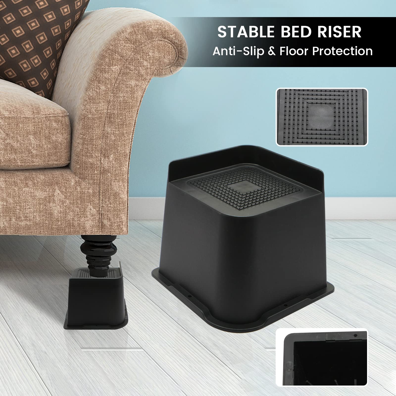 Heavy Duty Bed Risers 4 Pack - 4 Inch Furniture Risers for Couch, Sofa, Table & Chair - Supports Up to 6000 lbs - Extra Sturdy Oversized Lift - Perfect for Dorm Rooms, Home Office & Bedroom Furniture (Black)