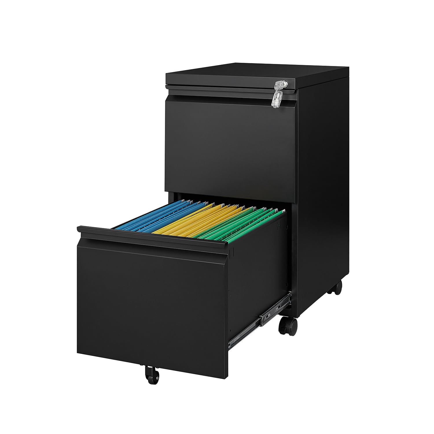 2-Drawer Vertical File Cabinet - Fully Assembled Black Under Desk Mobile Filing Cabinet with Lock for Home Office (A4/Letter/Legal Size) | Space-Saving Storage Solution for Documents, Files & Office Supplies