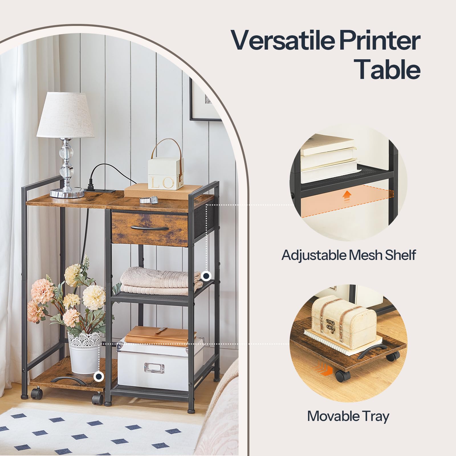 HOOBRO Printer Stand with Charging Station - Rustic Brown & Black Office Organizer with Fabric Drawer for Printer, Shredder & Fax Machine - Perfect for Home Office Workspace Organization & Device Storage