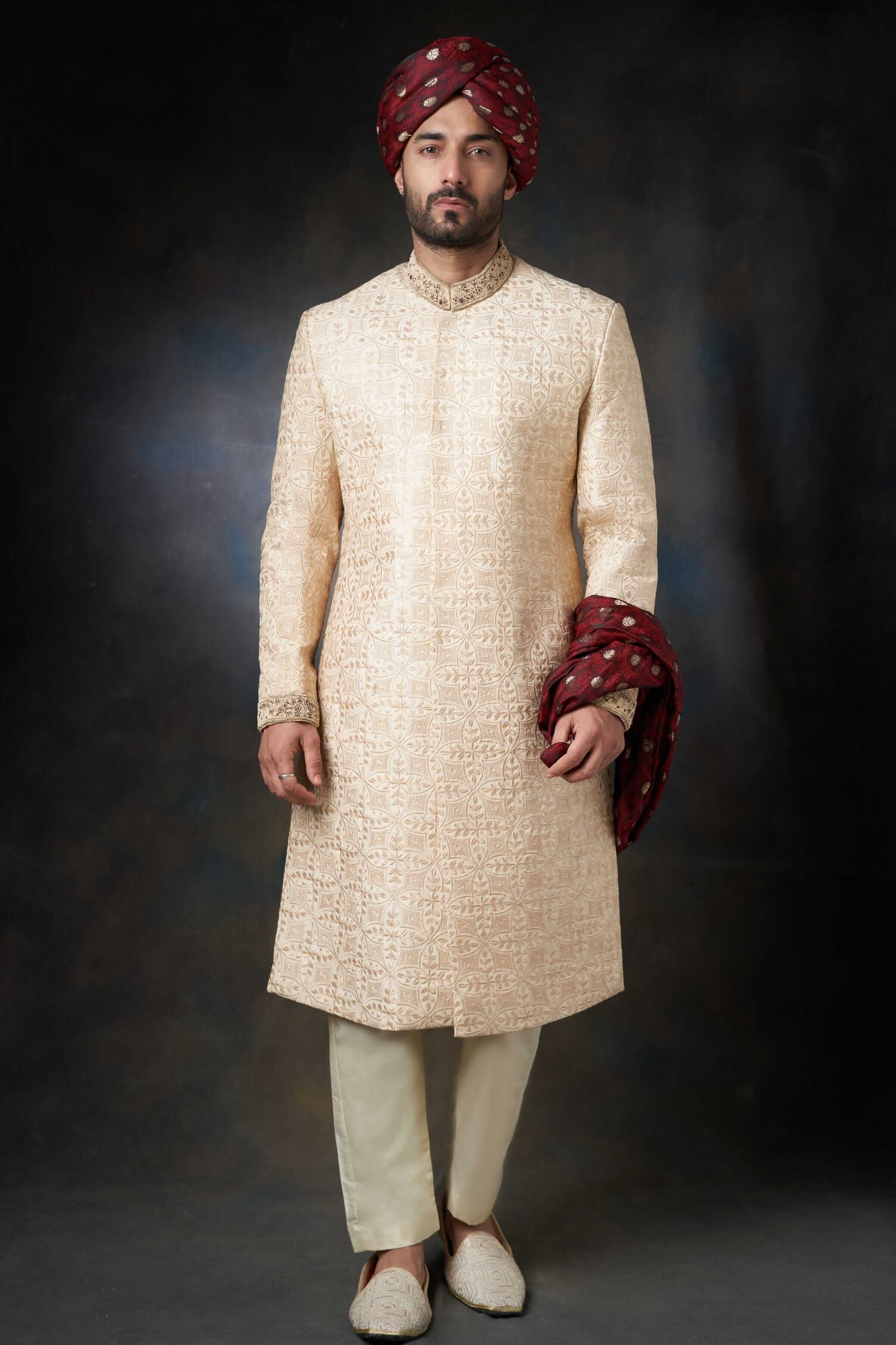 Handcrafted Gold Almond Raw Silk Sherwani with Zardozi Embroidery - Perfect for Indian Weddings, Festivals & Special Occasions