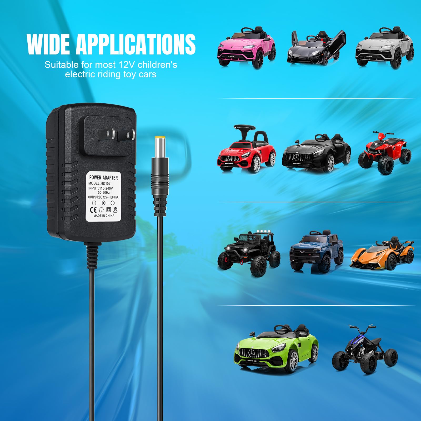 12V 1000mA Ride On Car Battery Charger - Compatible with Best Choice Products, Kidzone, Kid Trax, Razor MX125 & Dynacraft Toys - Perfect for Kids' Electric SUVs, Jeeps & Bumper Cars (Great for Birthday Gifts & Outdoor Play)