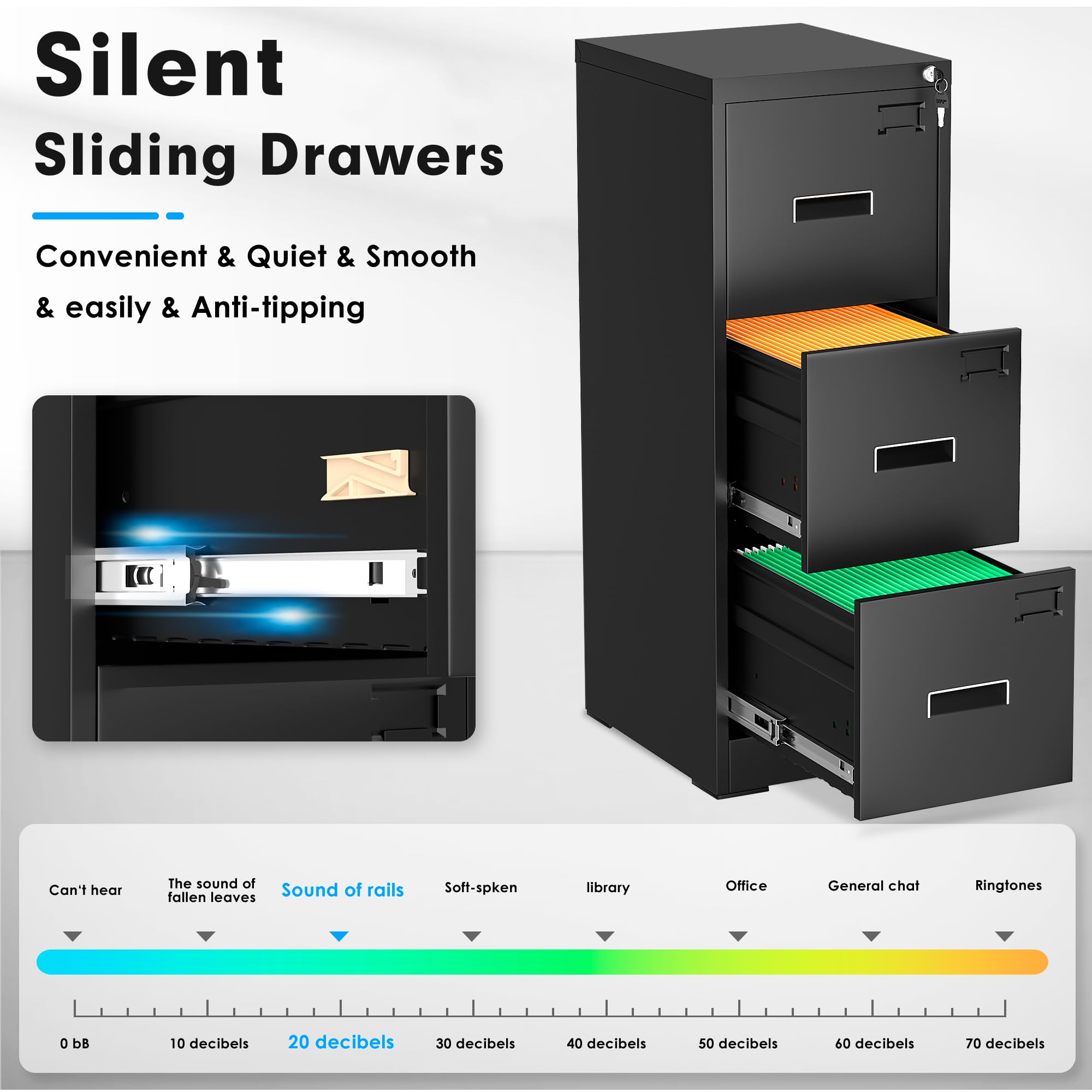Greenvelly 3-Drawer Locking Metal File Cabinet - 18