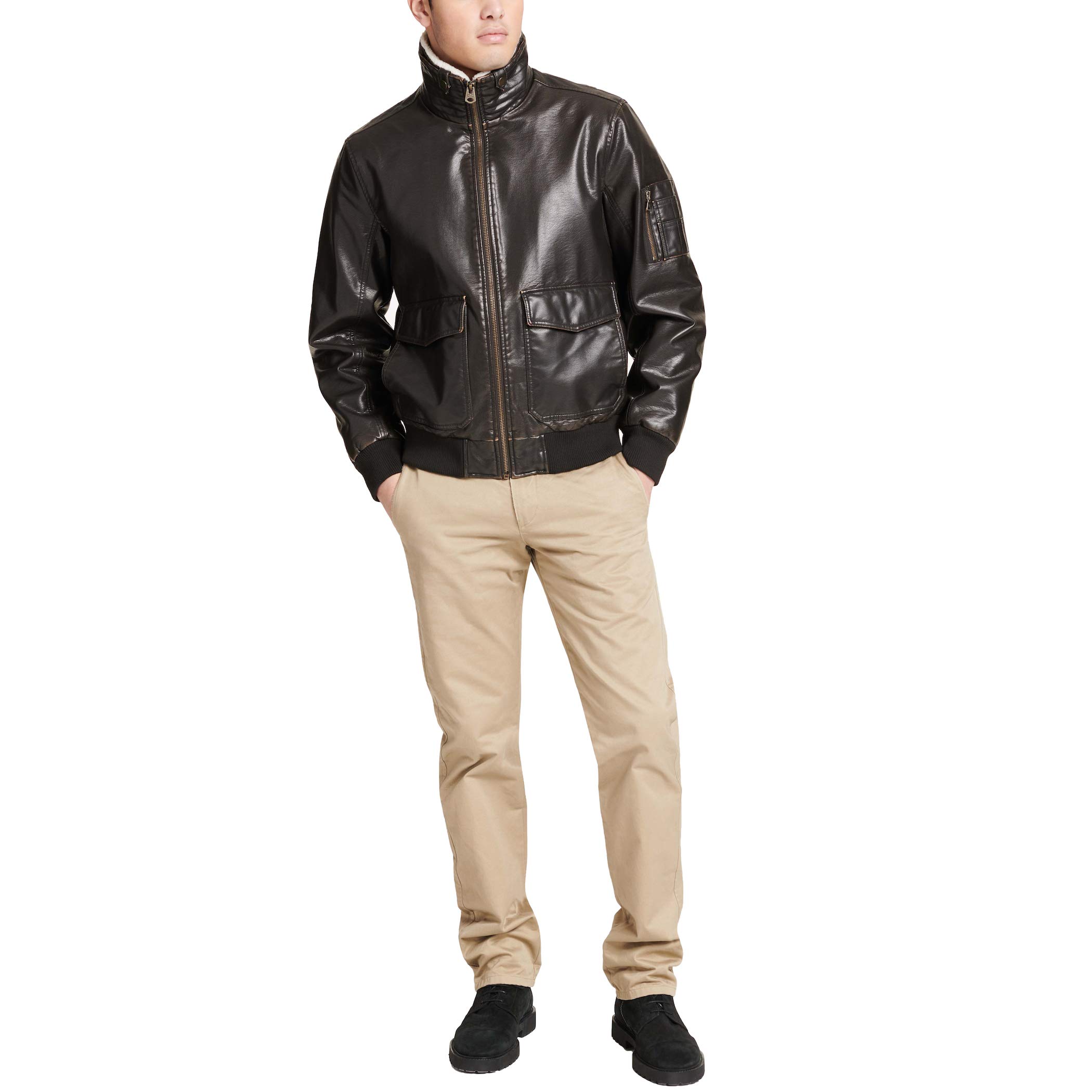 DOCKERS Men's Maverick Faux Leather Sherpa Collar Aviator Bomber Jacket for Men - Warm Winter Coat with Fleece Lining (Standard & Big-Tall Sizes) | Casual Outerwear for Fall & Winter Seasons