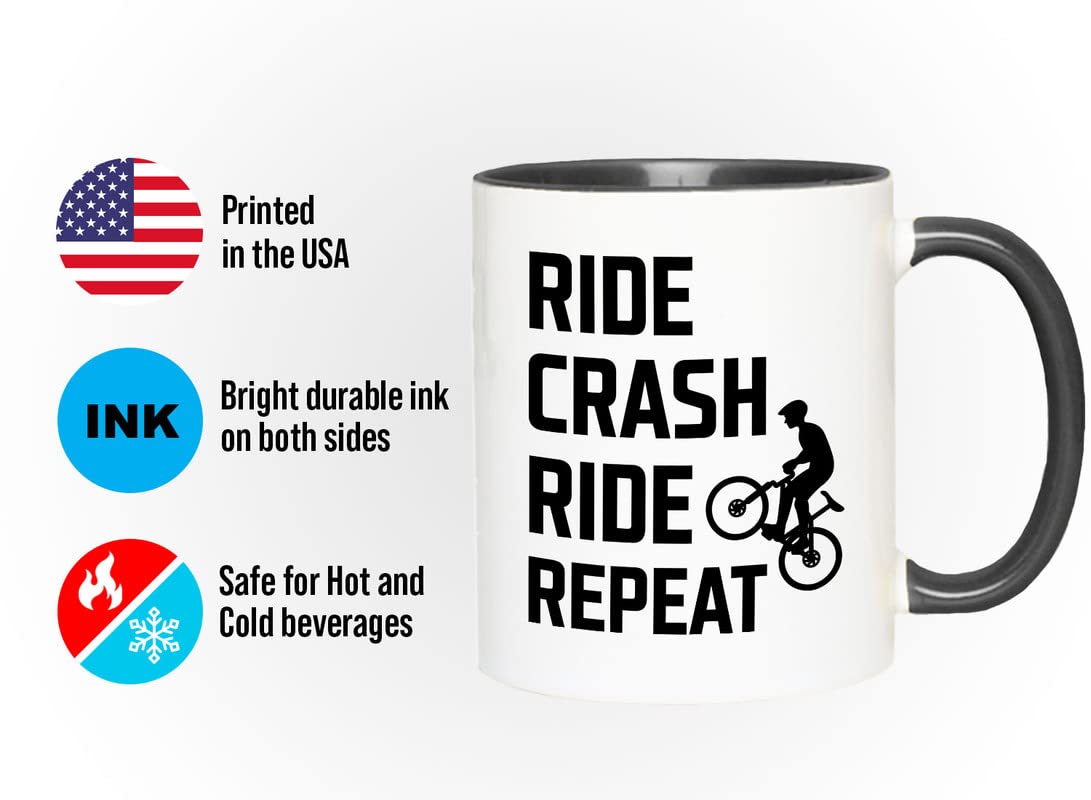 2-Tone Black 11oz Mountain Bike Coffee Mug - Ride Crash Ride Repeat - Perfect Gift for Dirt Bike, Bicycle & Road Cycling Enthusiasts - Ideal for Coffee Breaks, Office Use & Outdoor Adventures