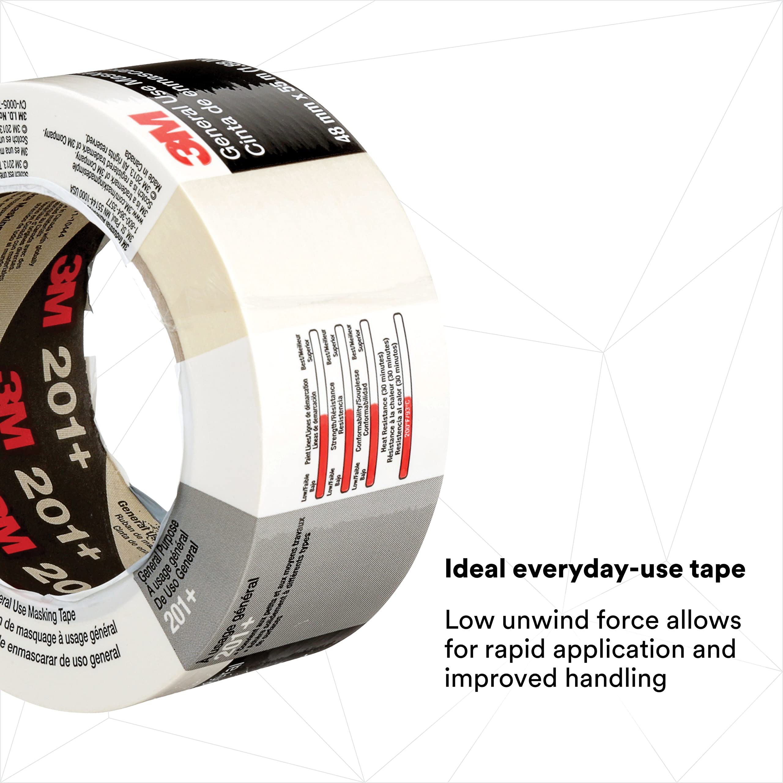 3M General Use Masking Tape 201+ - 48mm x 55m, Low Unwind, Clean Removal, Easy Tear, Resists Slivering - Tan Crepe Paper Tape (24 Rolls/Case, Individually Wrapped) - Perfect for Painting, Crafting, Home Improvement & DIY Projects