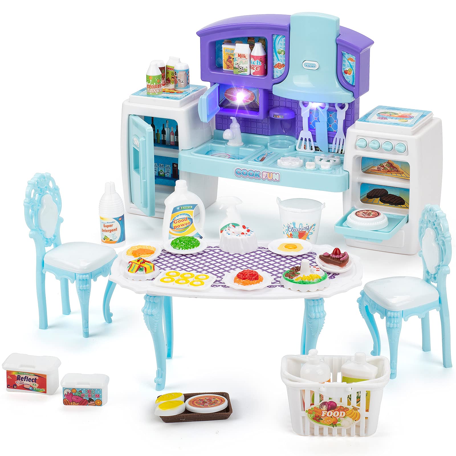 **Realistic Kids Toy Kitchen Set with Lights & Sounds - Pretend Play Kitchen for Toddlers & Girls Includes 43pcs Play Food, Table, Chair, Pan, Cup & Accessories - Perfect for Imaginative Play & Role-Playing Games**