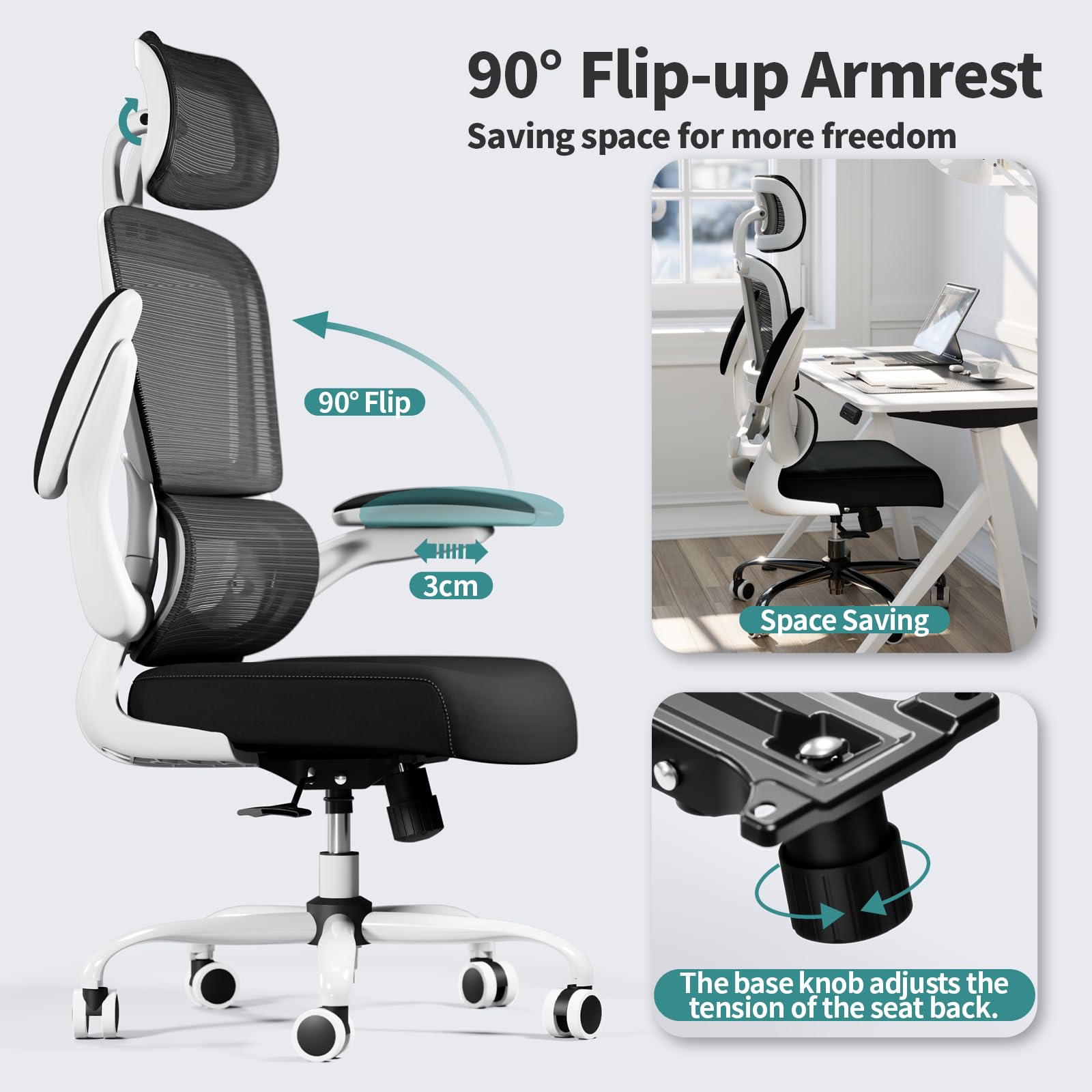 Ergonomic Office Chair with Wheels - 330 LBS Capacity Mesh Desk Chair for Home & Gaming - High Back Support for Long Hours - Black & White - Perfect for Home Office, Gaming Setup & Workspaces