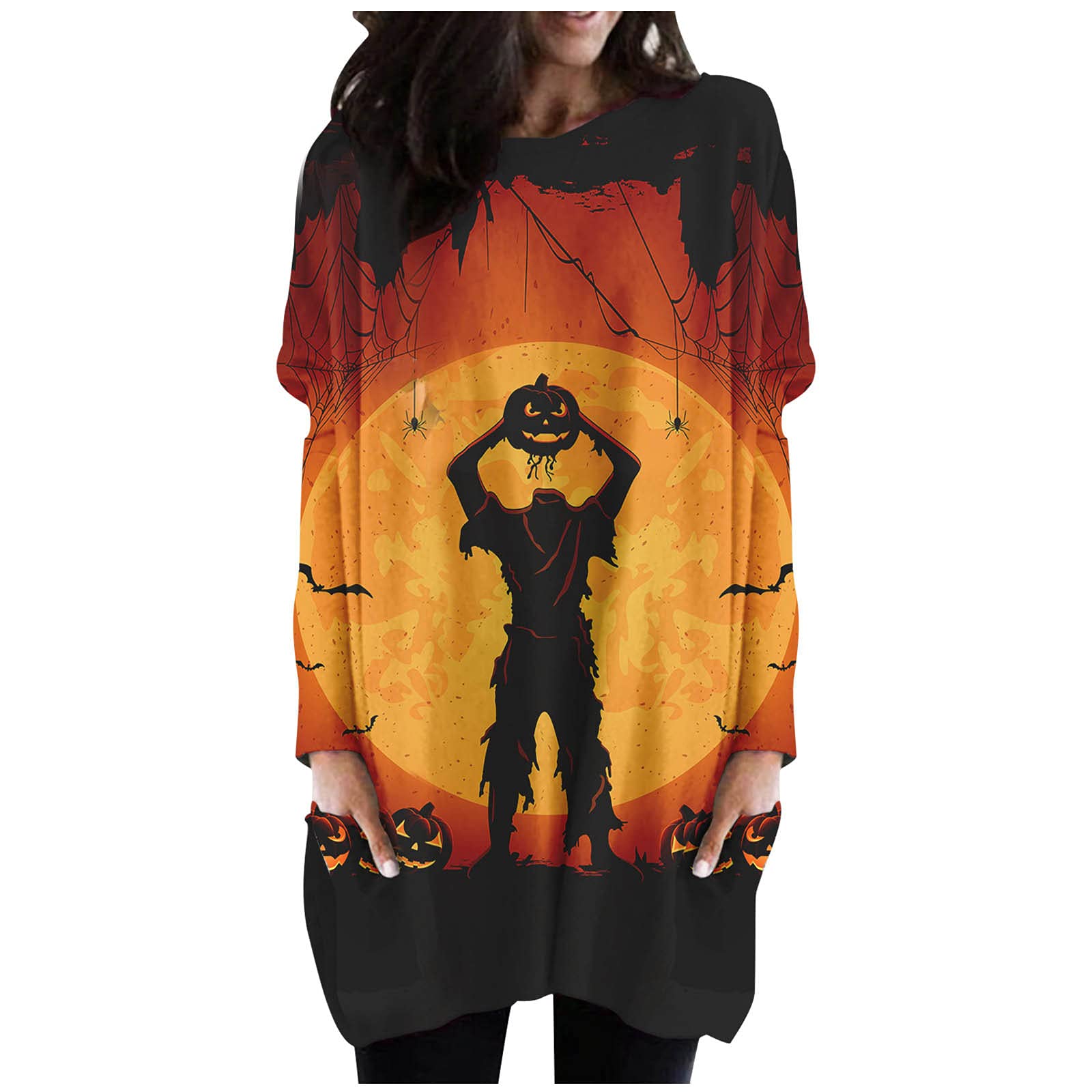 Women's Long Sleeve Tunic Dress with Pumpkin Print - Trendy Halloween Crewneck Pullover Top with Pockets | Perfect for Halloween Parties, Fall Festivals & Casual Wear