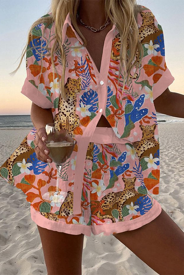 Leopard Print Loose Fit Button Front Elastic Waist Shorts Set - Women's Casual Summer Outfit for Beach, Vacation & Street Style