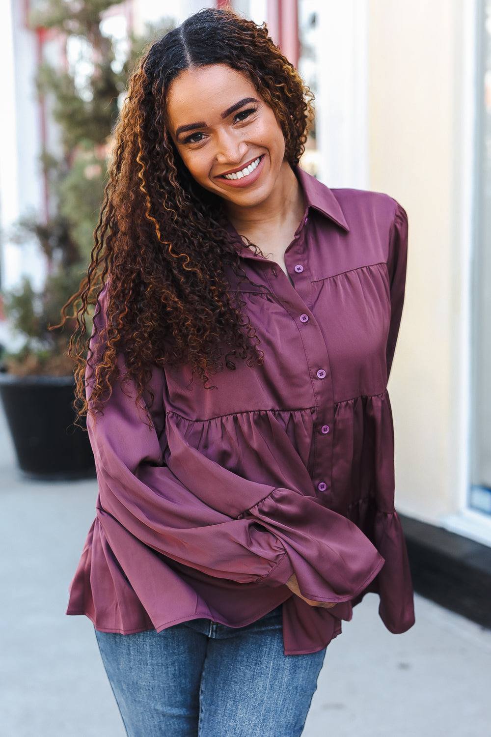 Burgundy Satin Babydoll Top with Button Down & Tiered Design - Perfect for Date Nights, Parties & Casual Outfits