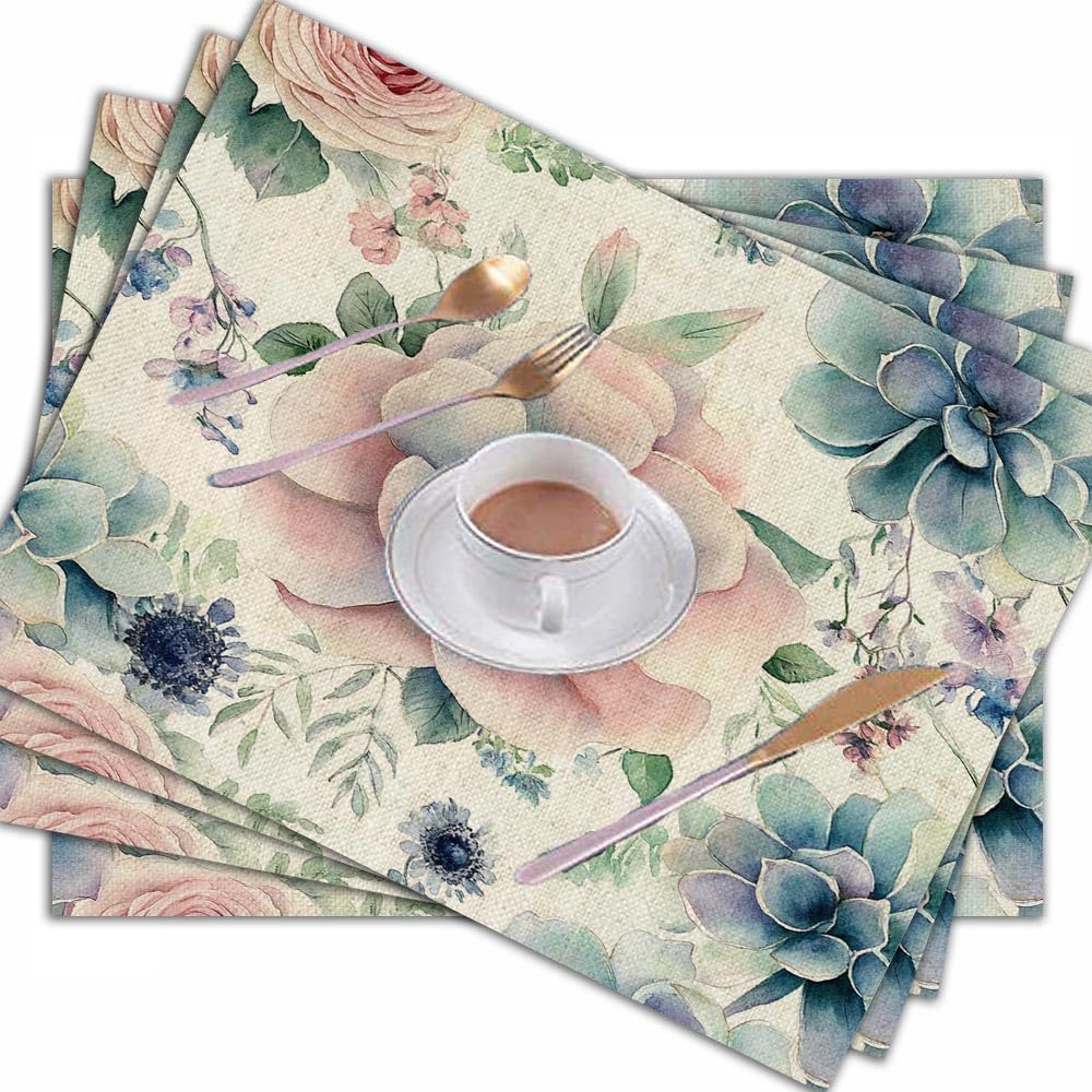 Blue Flower Placemats Set of 4 - 18x12 Inch Washable Table Mats for Kitchen Dining, Decor, Parties & Everyday Use
