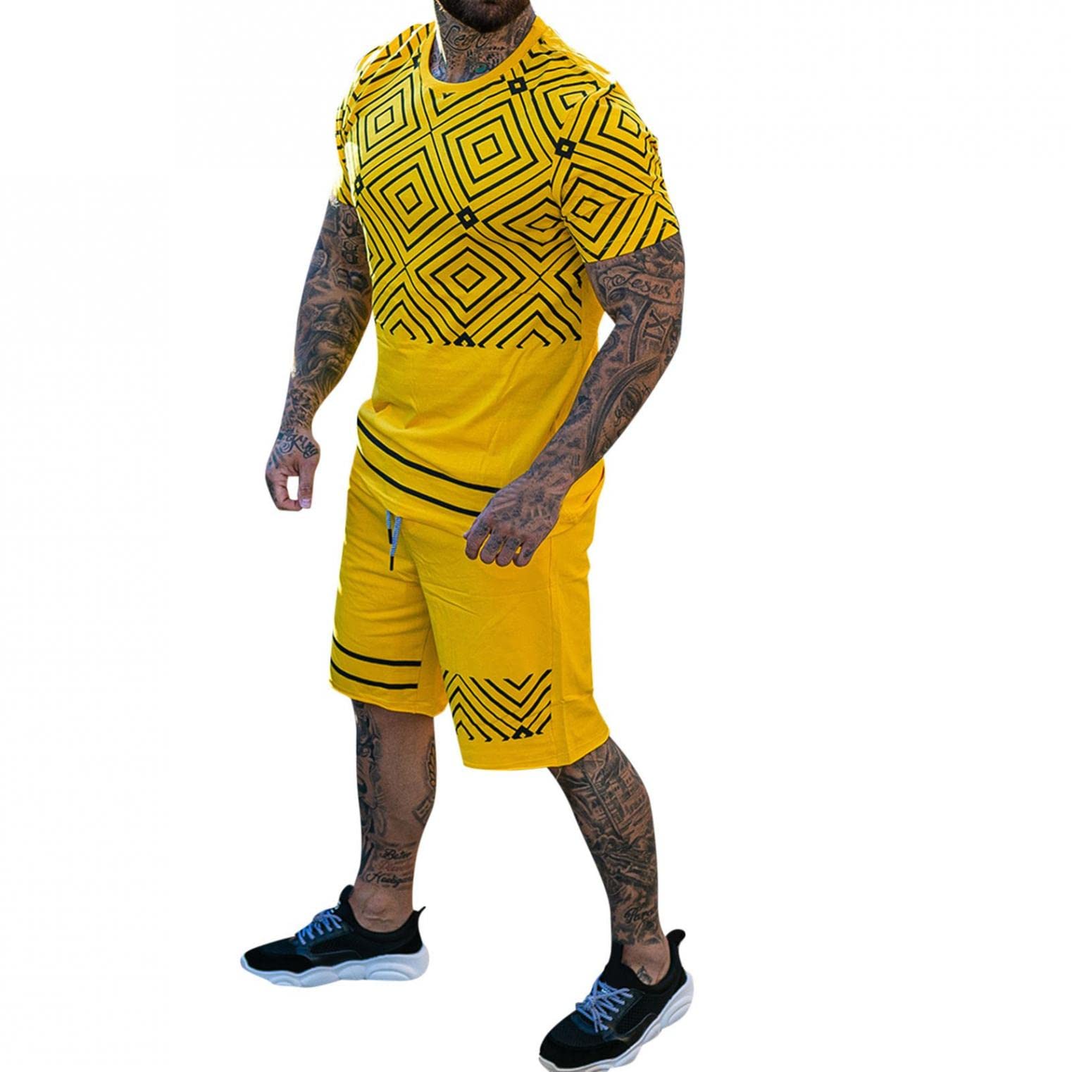 NOLDARES Men's 2-Piece Tracksuit Set - Short Sleeve Cotton Blend Graphic T-Shirt & Matching Shorts | Casual Summer Outfit for Gym, Running, Travel & Lounge Wear