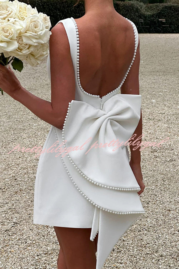 Elegant Pearl Embellished Large Bow Slim Fit Mini Dress for Women - Perfect for Parties, Weddings & Special Occasions