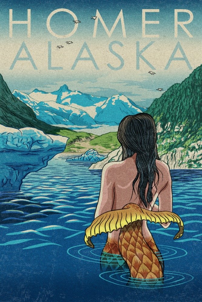 Homer Alaska Mermaid and Glaciers Art Print - 36x54 Giclee Gallery Quality Travel Poster - Coastal Wall Decor for Living Room, Bedroom & Office