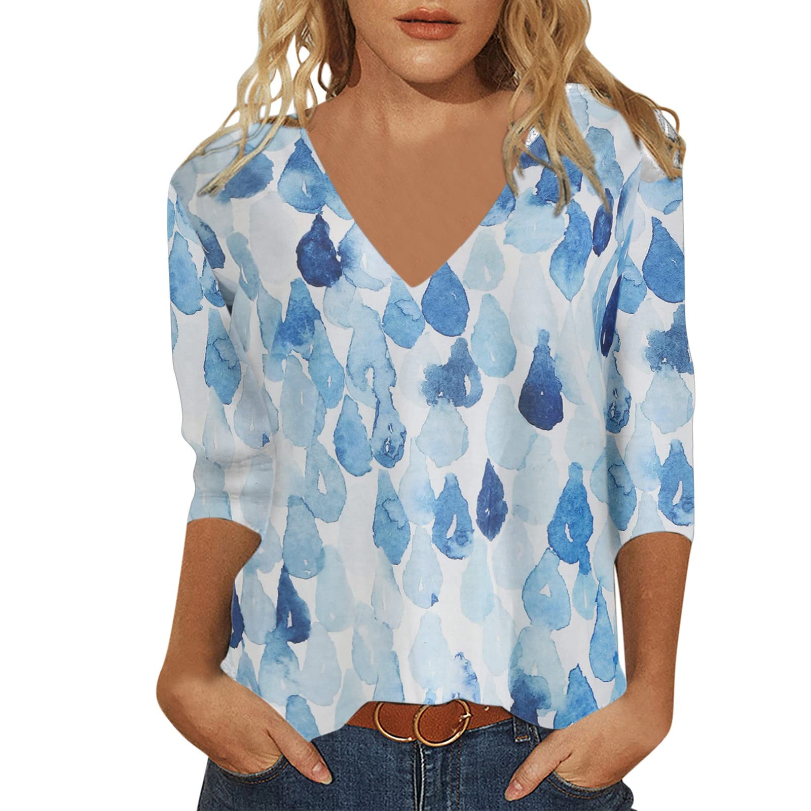 Women's Floral Printed V-Neck Long Sleeve T-Shirt - Casual Loose Fit Comfortable Blouse for Everyday Wear, Work & Outings - Medium Size
