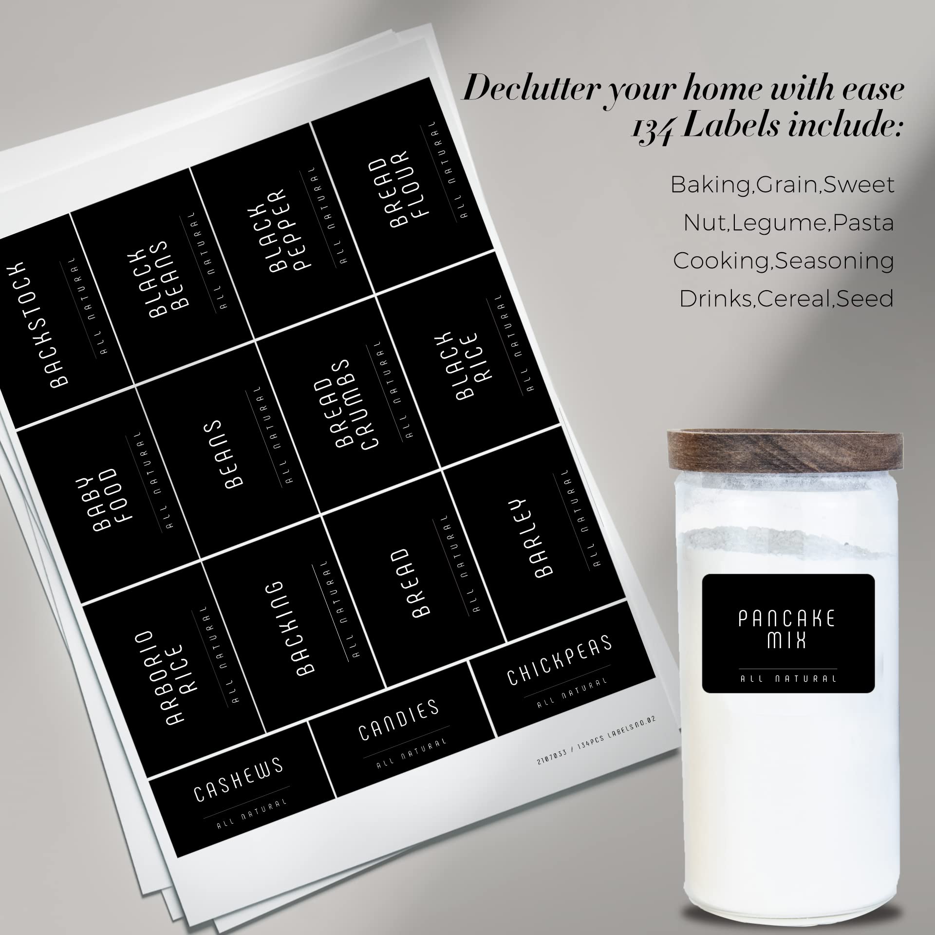 Minimalist Farmhouse Pantry Labels for Containers - 134 Preprinted Black Matte Stickers with White Text - Waterproof Organization Labels for Jars, Bottles, Canisters & Storage Bins - Perfect for Kitchen, Pantry & Home Organization