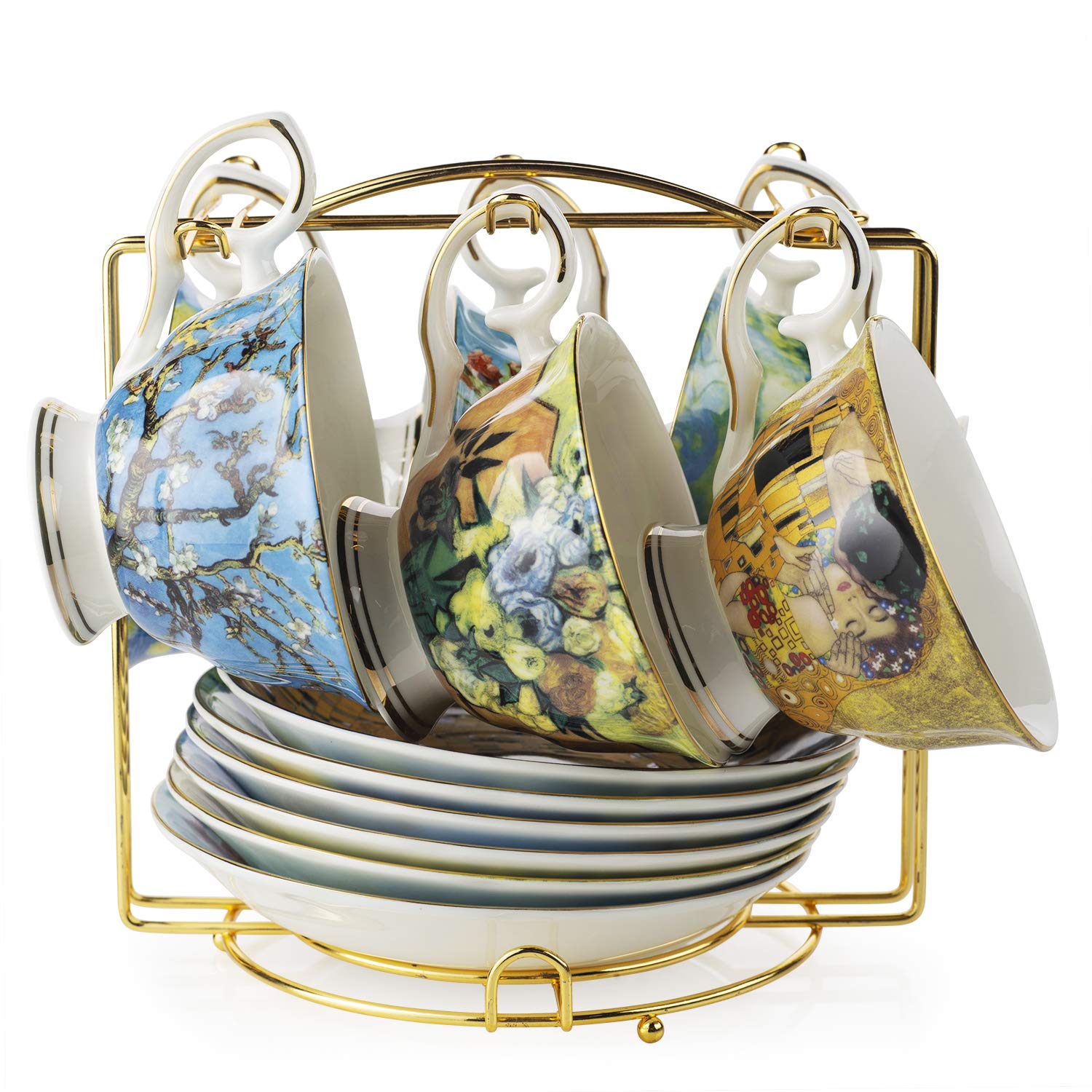 Van Gogh Bone China Coffee Cup and Saucer Set - 6-Piece 8-Oz Art Mugs with Display Rack & Gift Box - Elegant Tea & Coffee Serving Set for Home, Office, and Gifts
